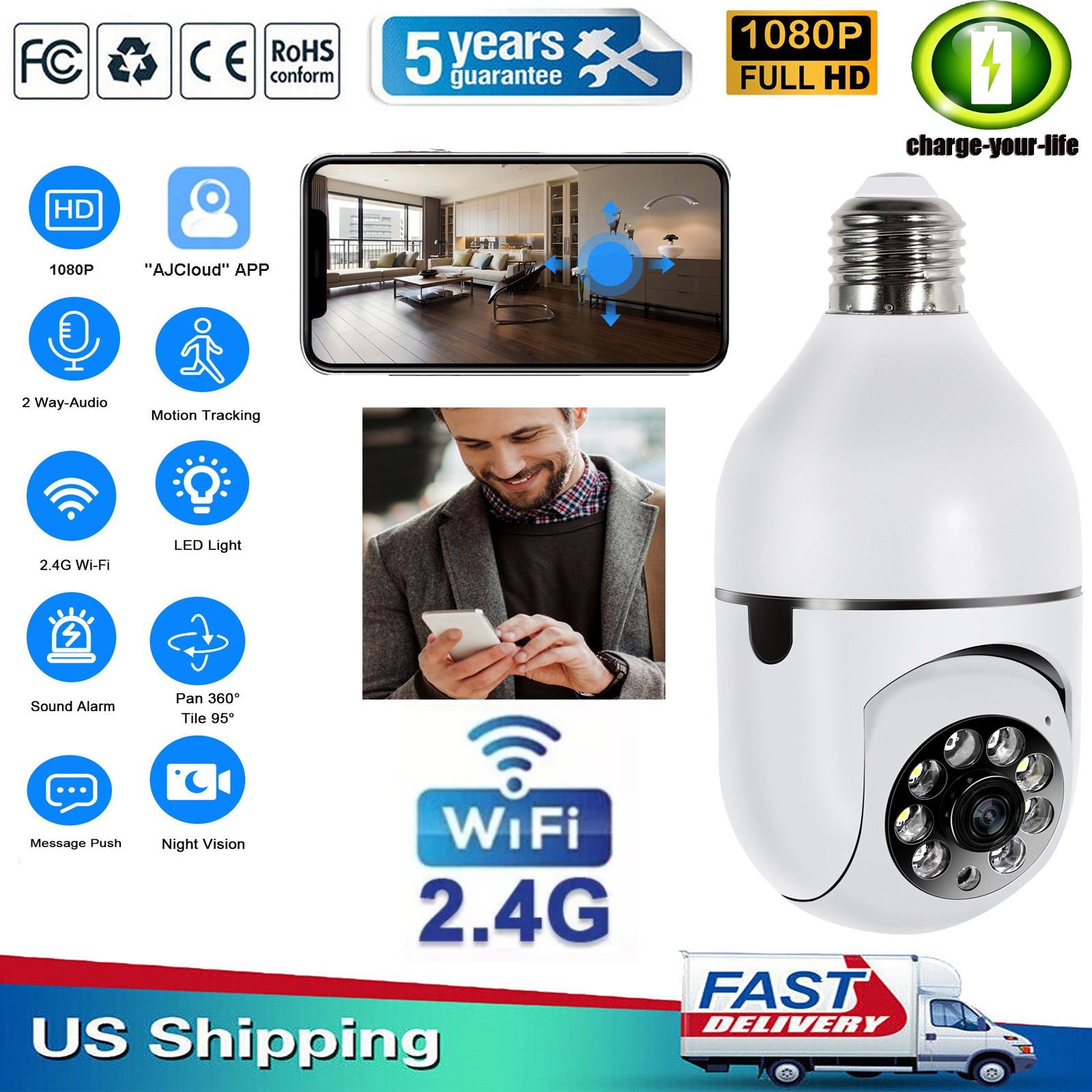 2MP IP E27 Light Bulb Camera 1080P Wi-Fi IR Night Smart Home Wireless Security