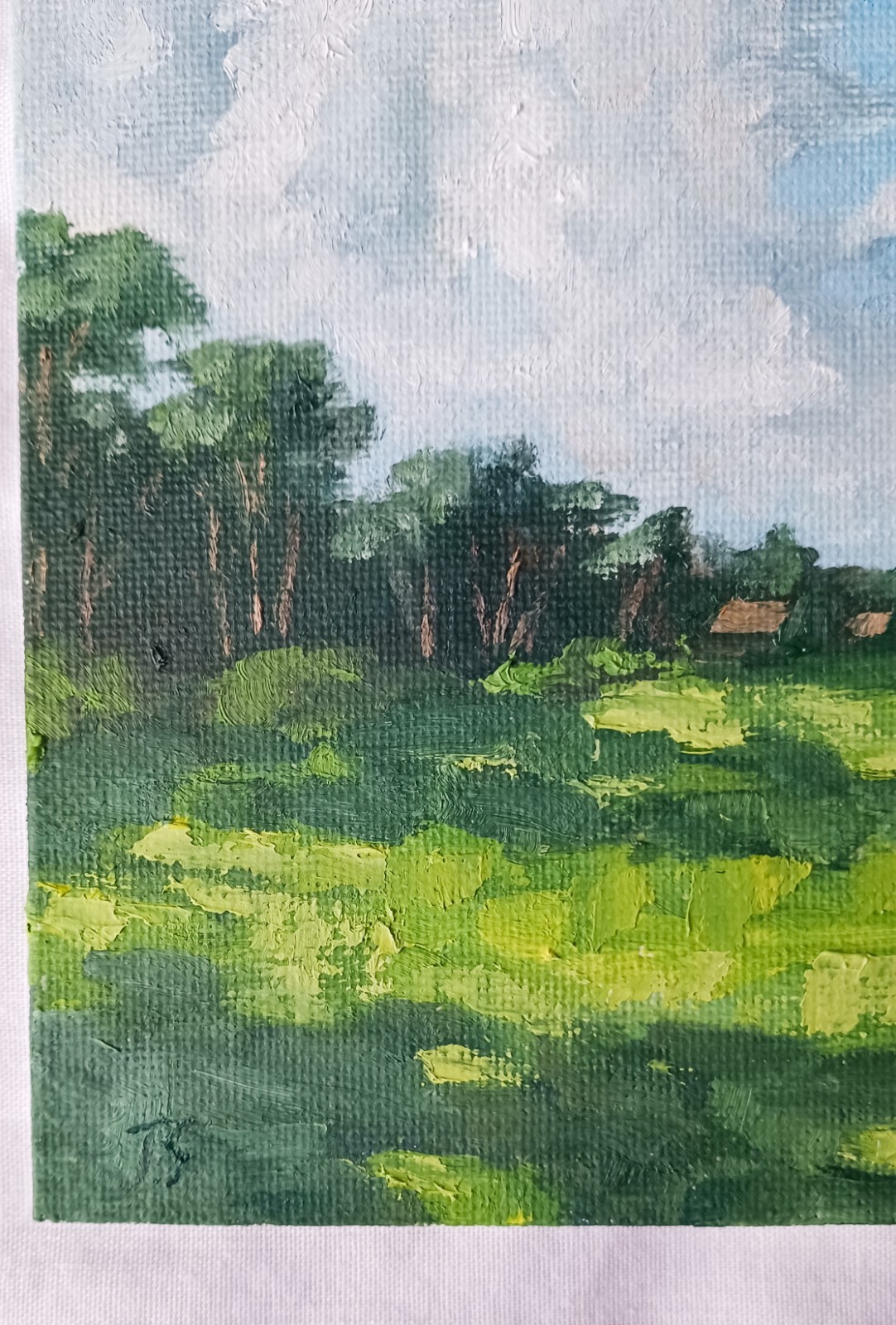 ORIGINAL Oil Painting Modern Impressionism Landscape Green Grass Sun Field 5"x7"