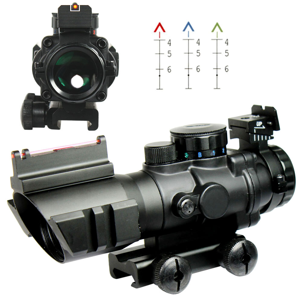 Tactical 4X32 Rifle Scope Fiber Optic Sight & illuminated Chevron Range Recticle