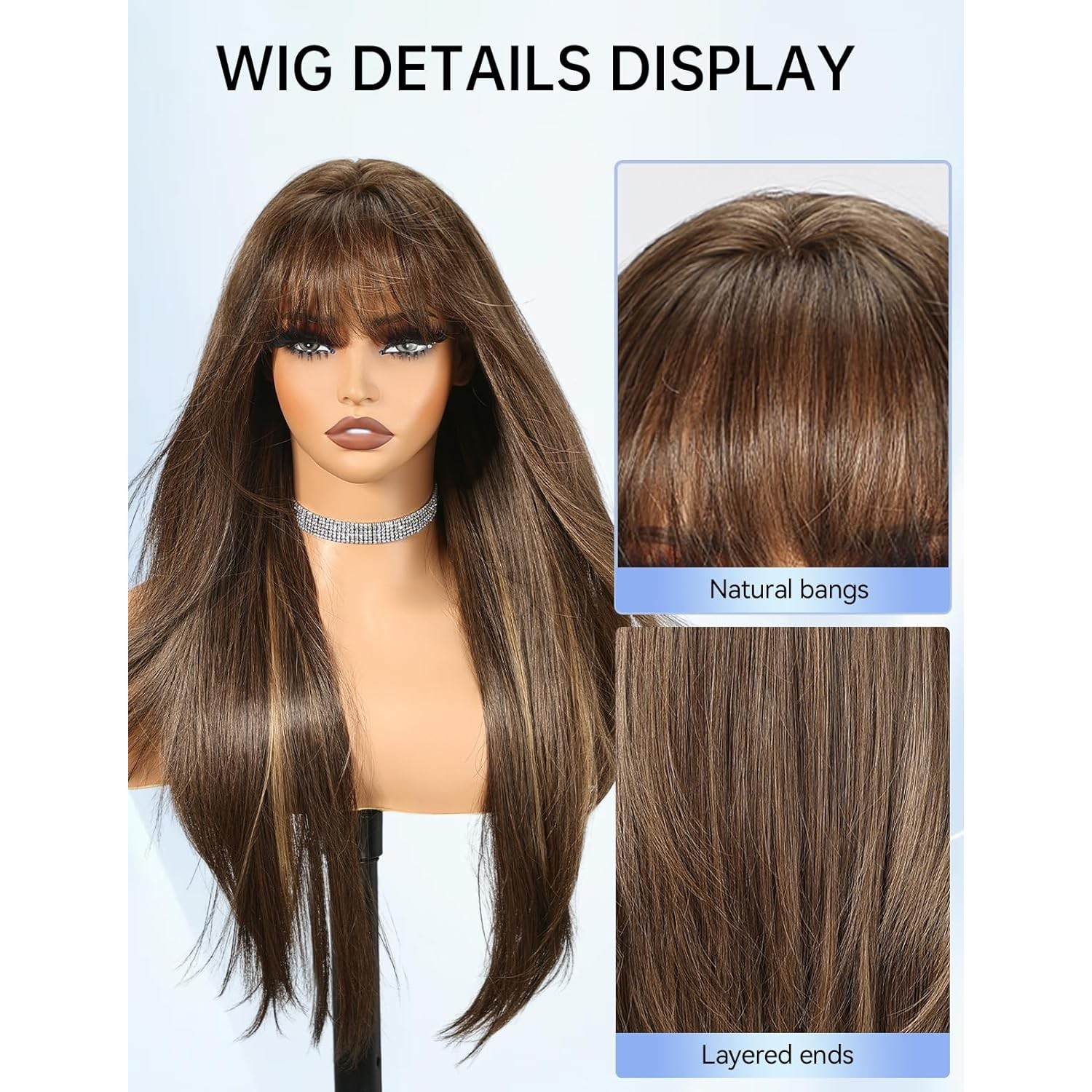 Mixed Brown Long Straight Cosplay Wigs With Bangs Synthetic Hair Heat Resistant