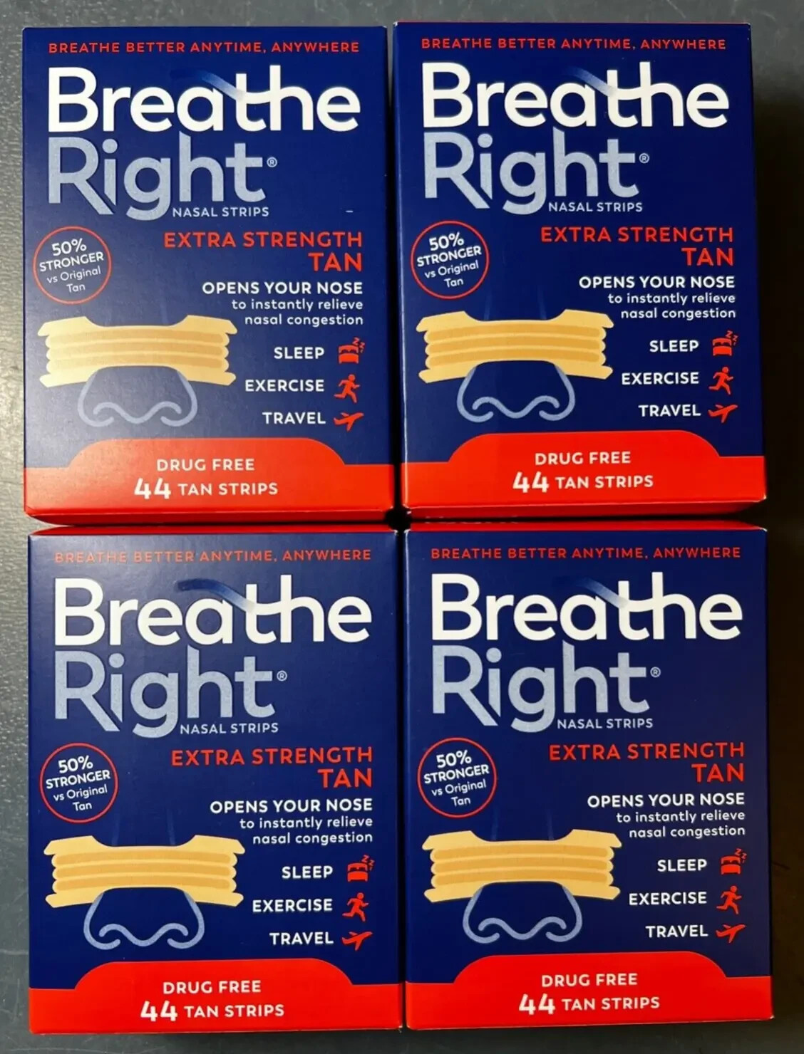 176 BREATHE RIGHT NASAL STRIPS EXTRA STRENGTH TAN  ( 4 x 44 CT Boxes ) EXP 2028