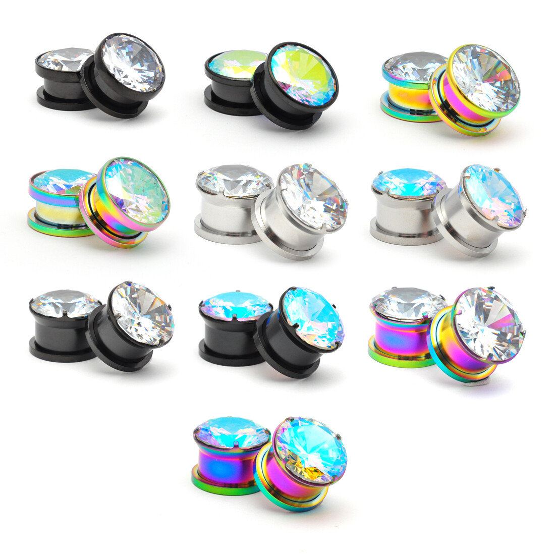 Pair of Press Set or Prong Set 316L Steel CZ Plugs gauges