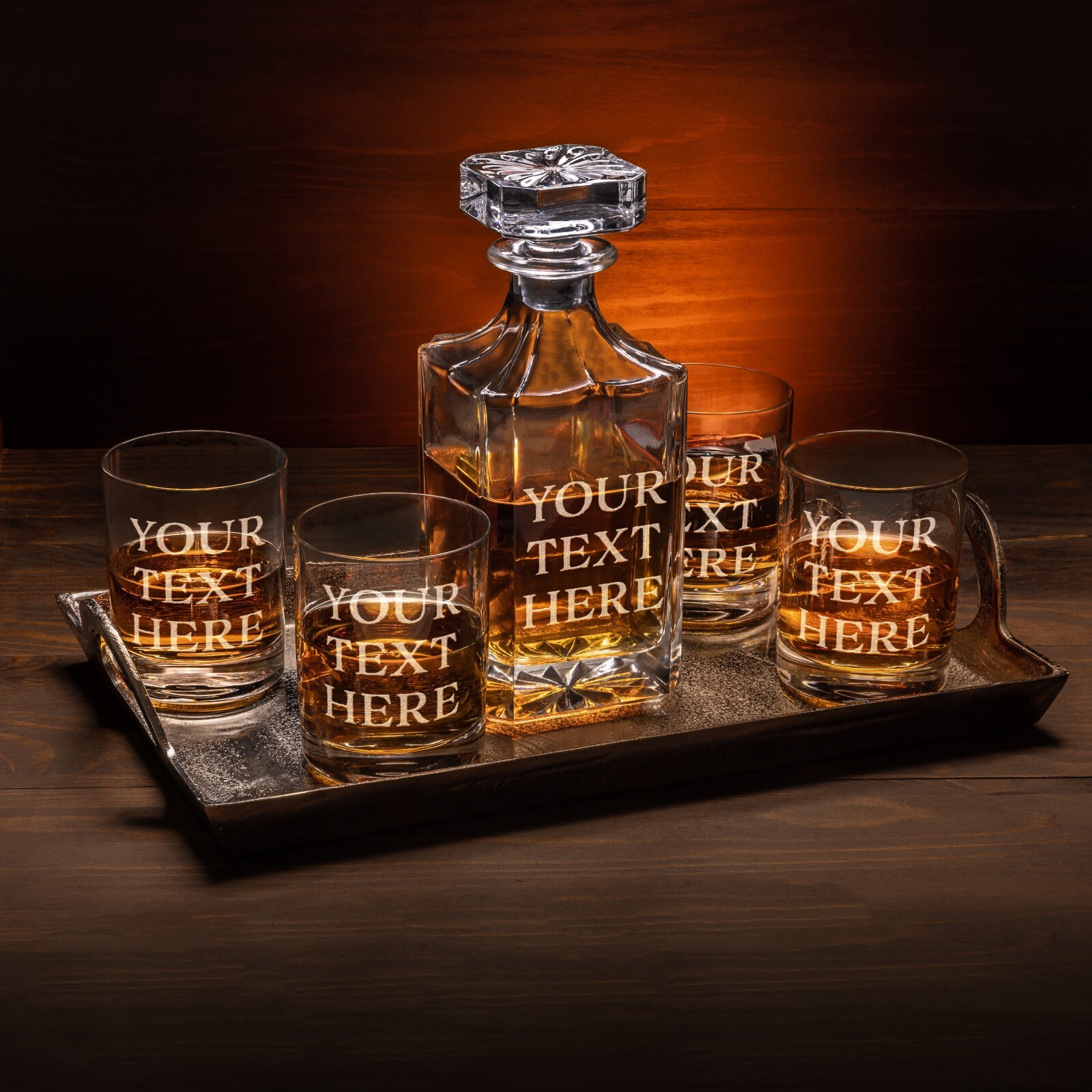 Custom Text Whiskey Decanter & Drinking Glasses Set - Engraved Whisky Glassware