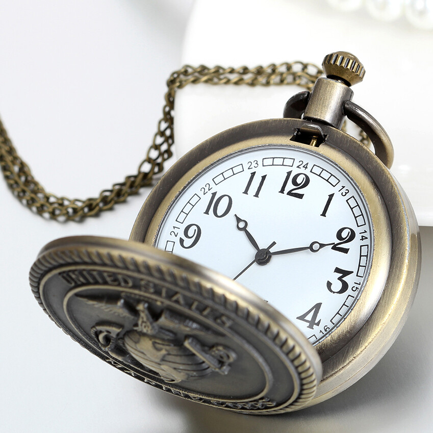 Men's United States Marine Corps Quartz Pocket Watch Antique Bronze Tone Watch