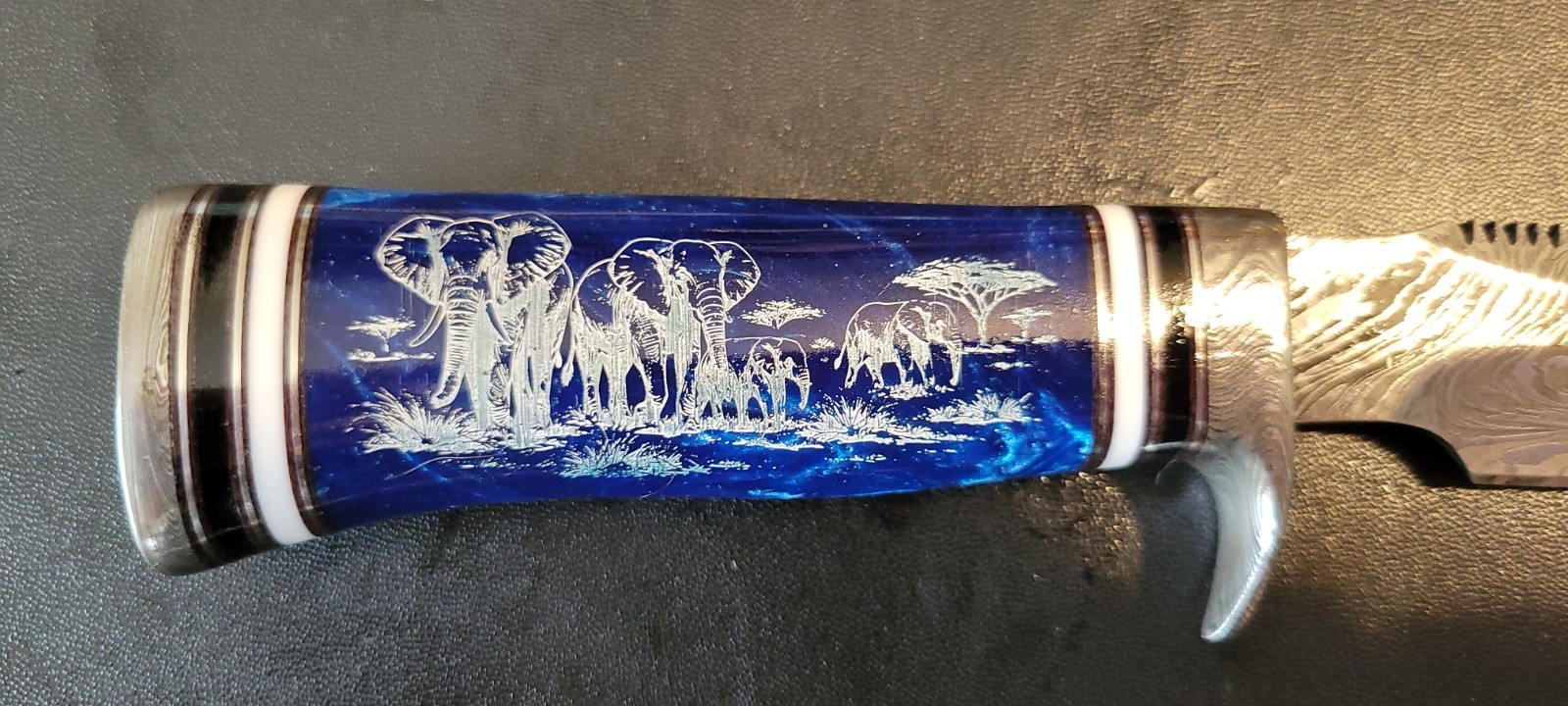 Impact Cutlery Custom Damascus Hunting Knife Engraved Blue Resin handle- 2399