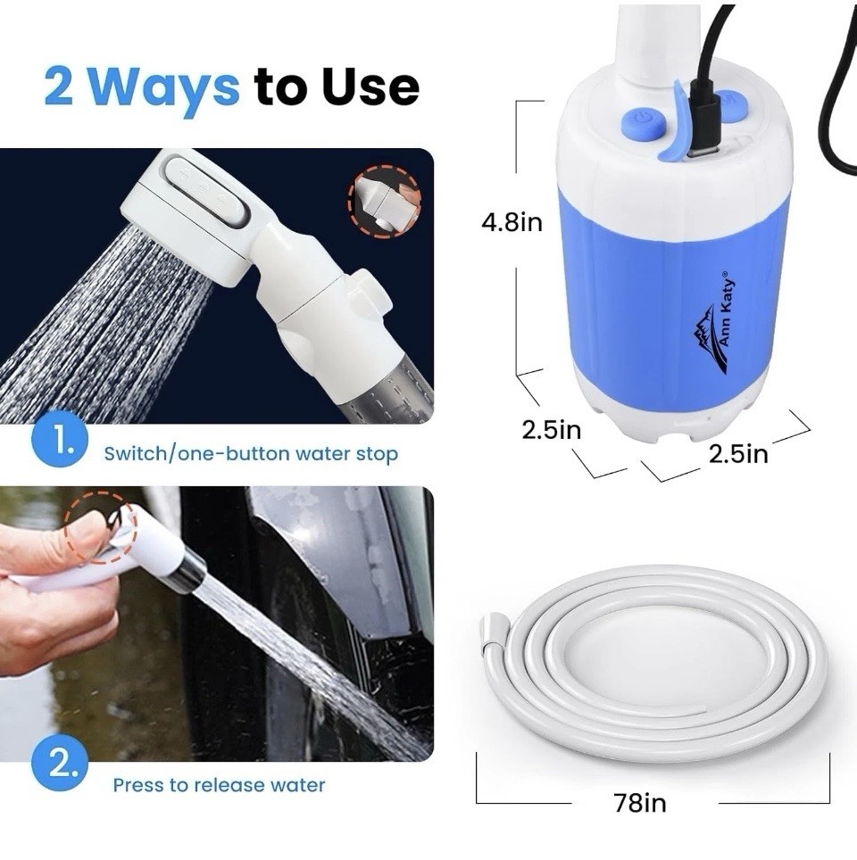 Ann Katy Portable Camping Shower Set Outdoor Camp Electric Pump Rechargeable NEW