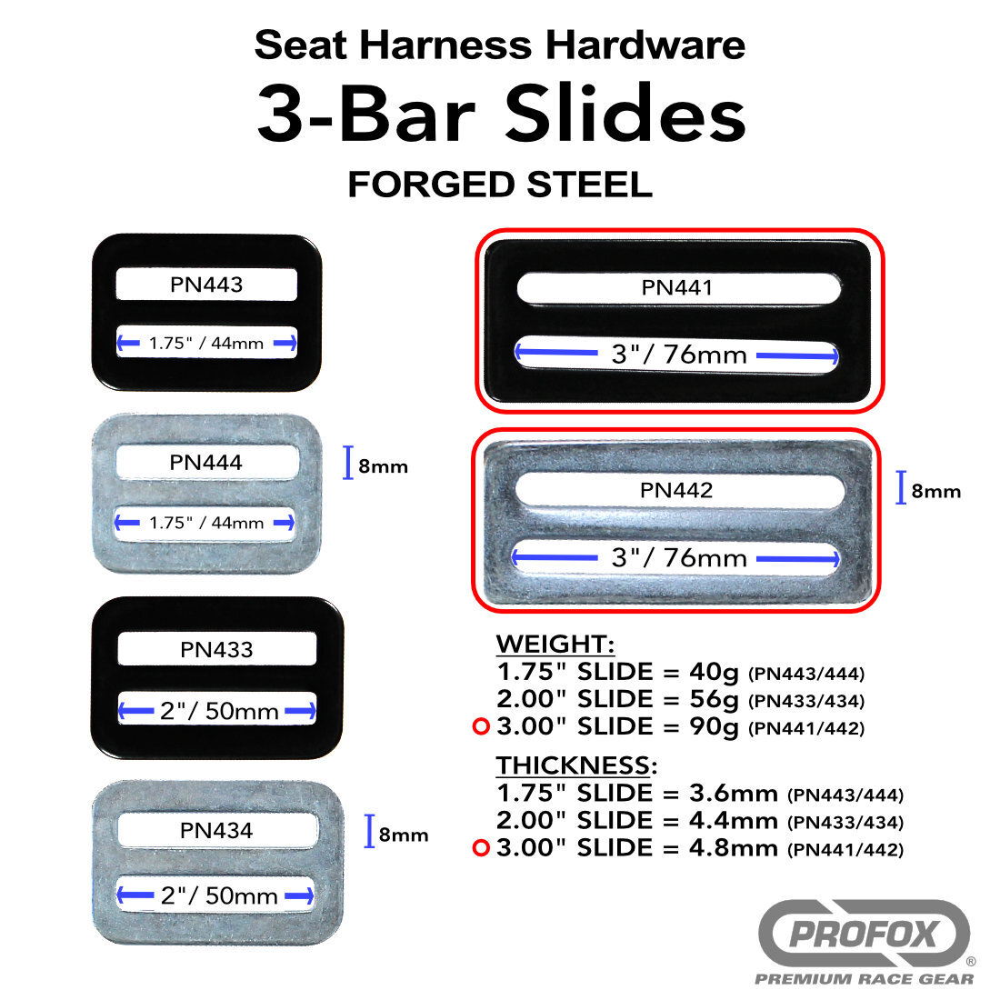 PROFOX Seat Belt Hardware 3-Bar Tri-Glide Webbing Slide Adjuster 3-inch (QTY 2)