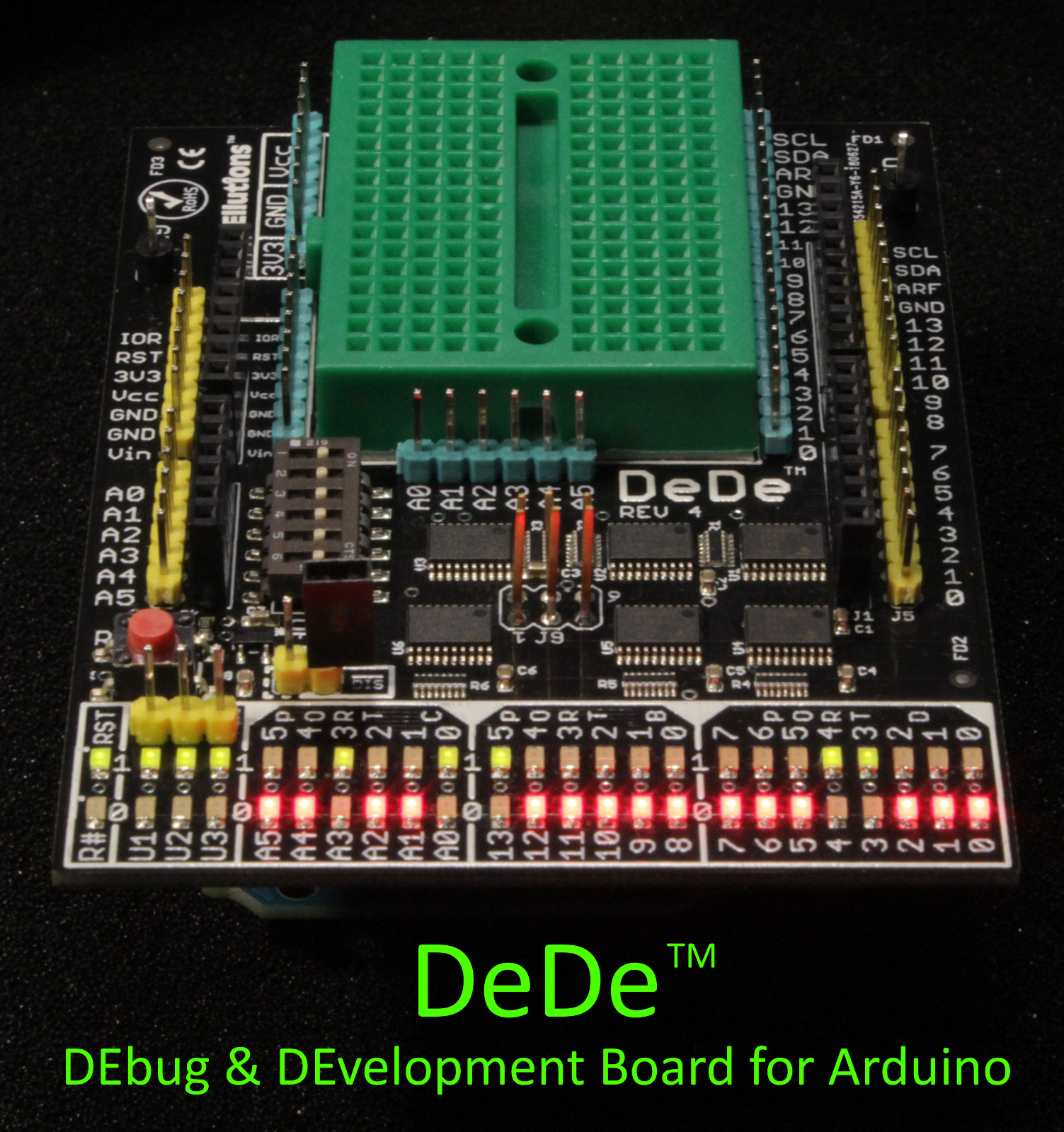 DeDe DEbug & DEvelopment Shield for Arduino UNOs & Compatibles