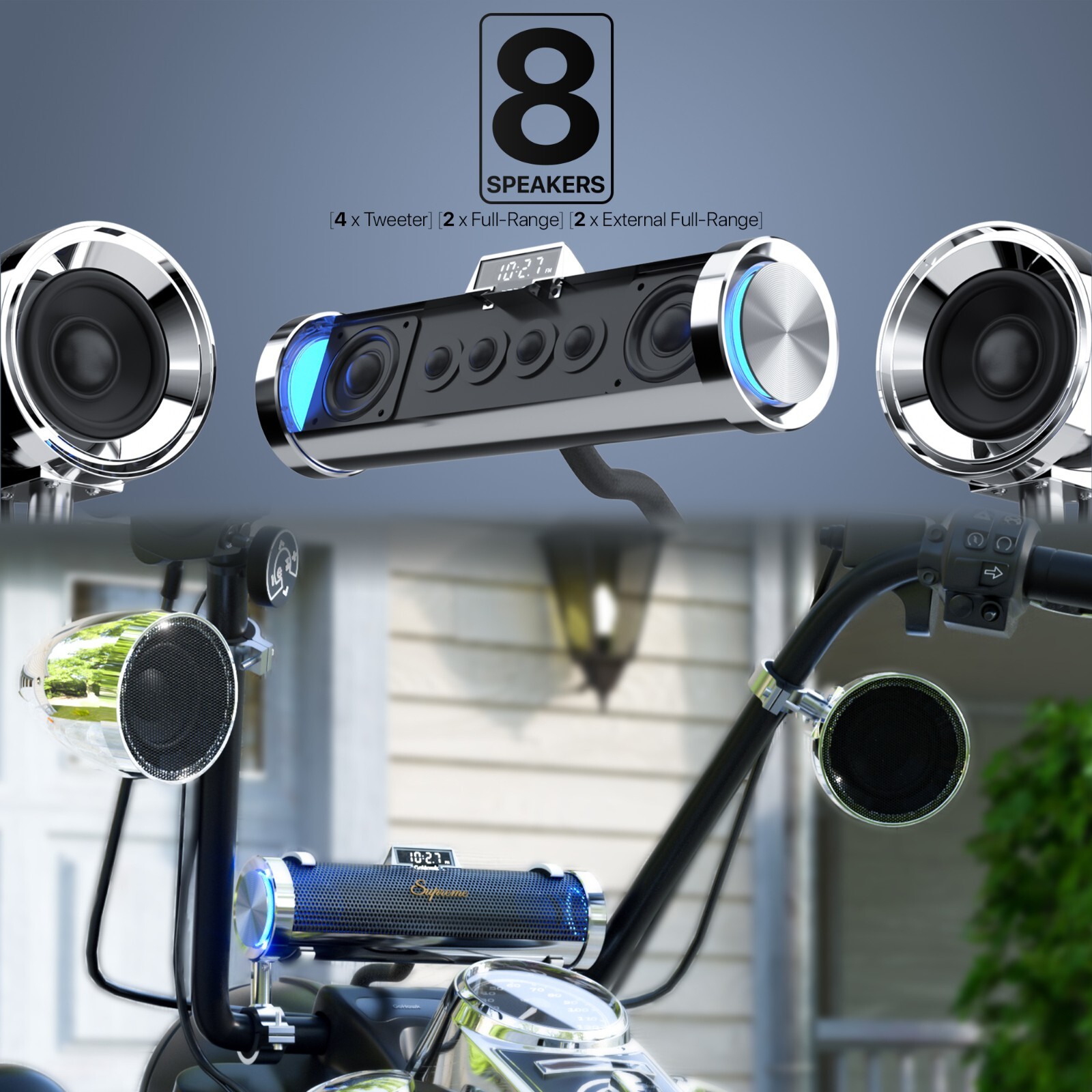 Waterproof Motorcycle Stereo 8 Speakers Audio System Bluetooth 300W Amp FM Radio