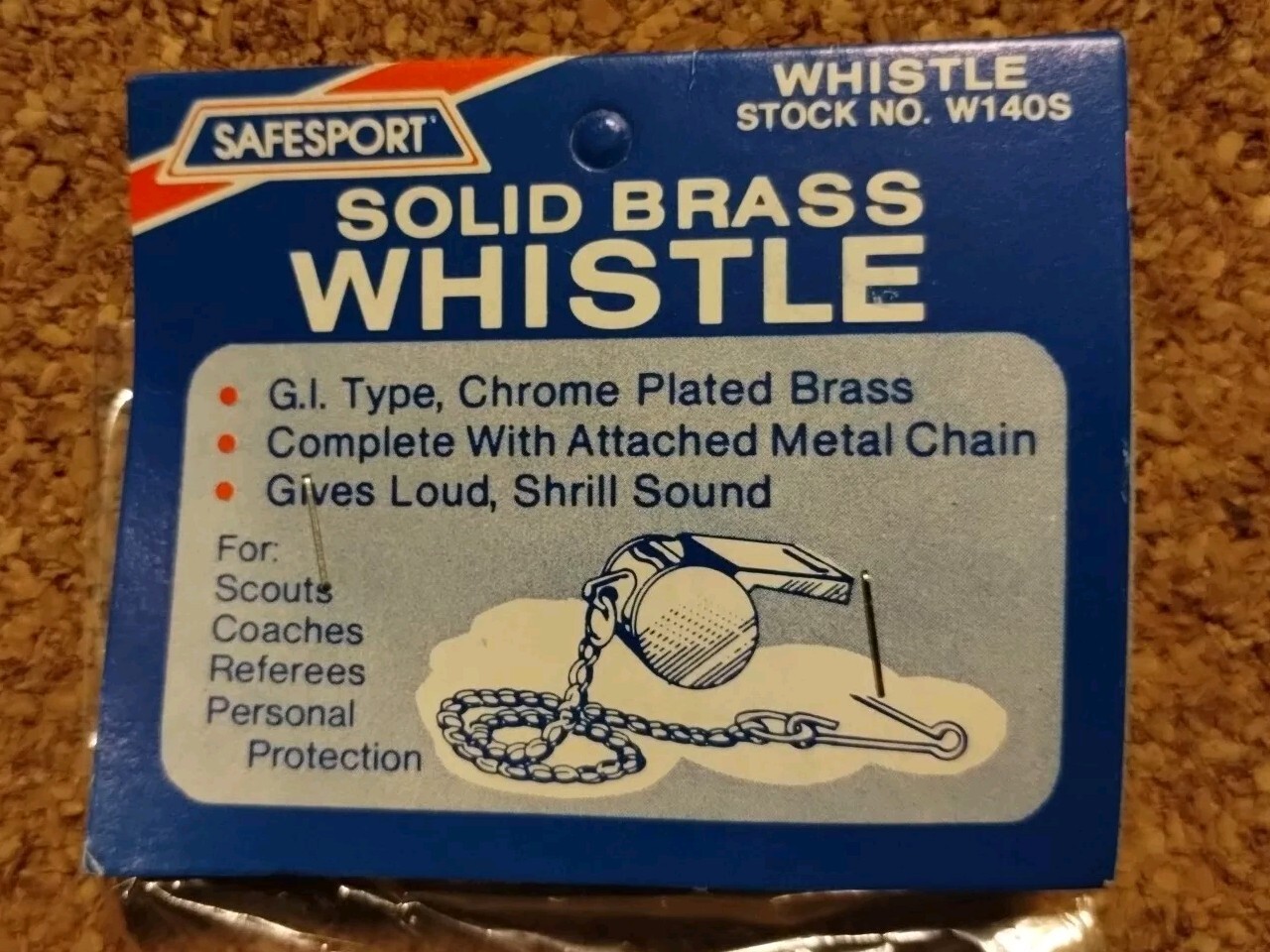 NOS Vintage Safesport G.I. Style Solid Brass Whistle Cork Ball And Chain