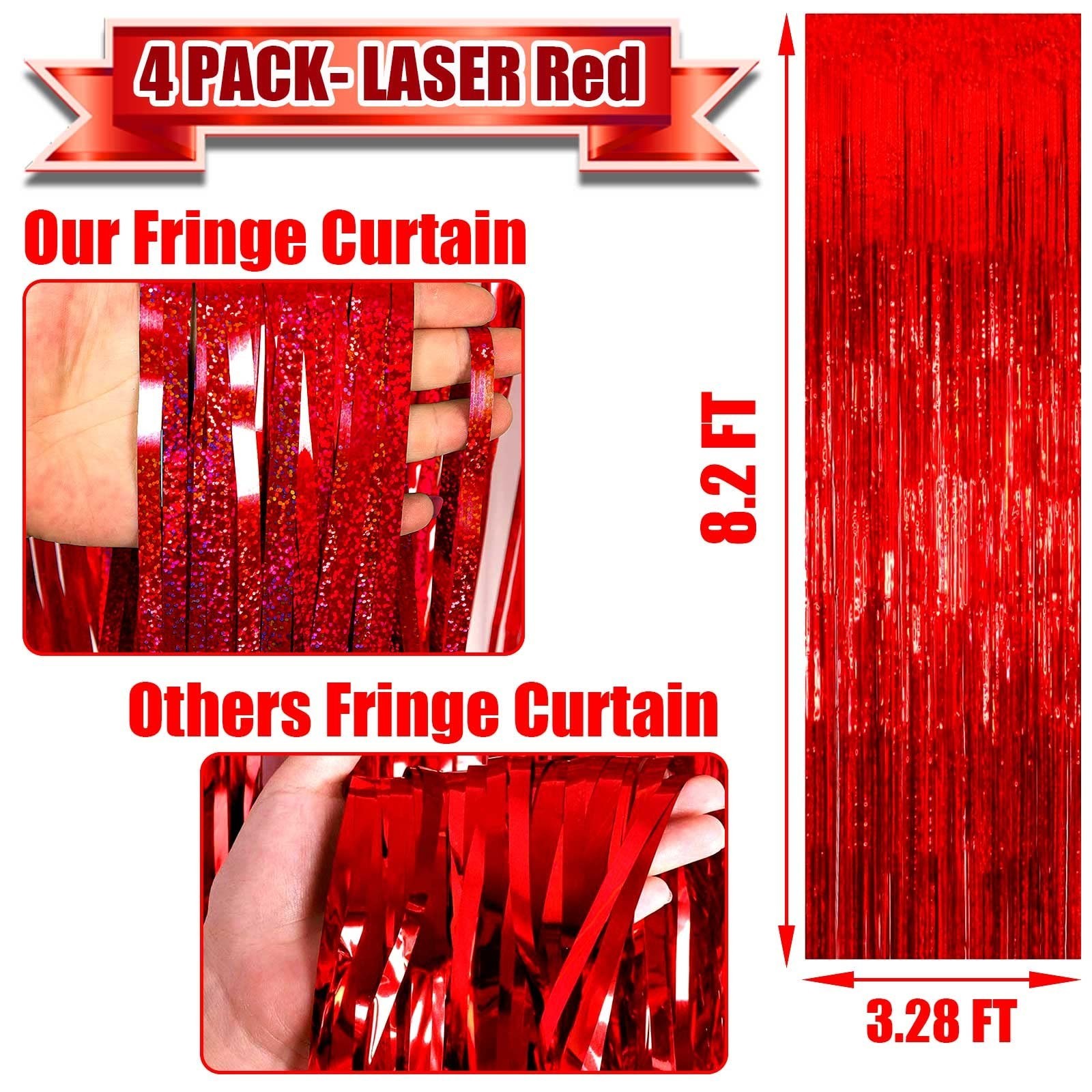 4 Pack Red Tinsel Foil Fringe Curtain Backdrop, 3.28Ft x 8.2Ft Metallic Strea...