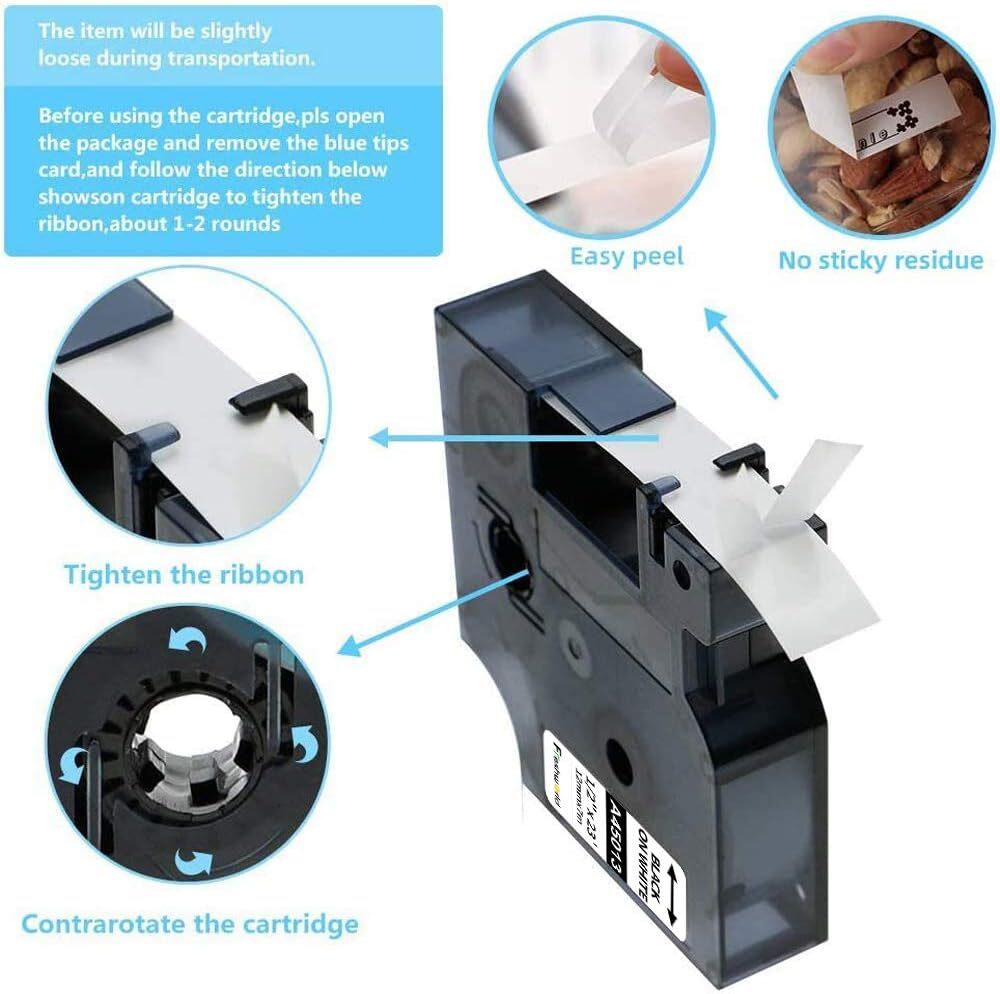 5x Dymo D1 Label Tape 45013 Black on White 1/2 Inch x 23 Feet Compatible product