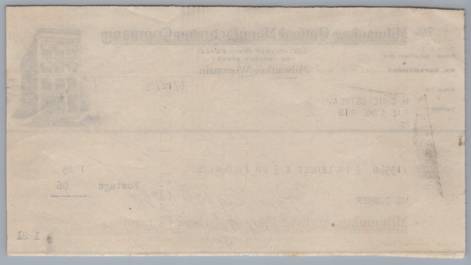 1929 Milwaukee, Wisconsin Milwaukee Optical Manufacturing Company Invoice 8999