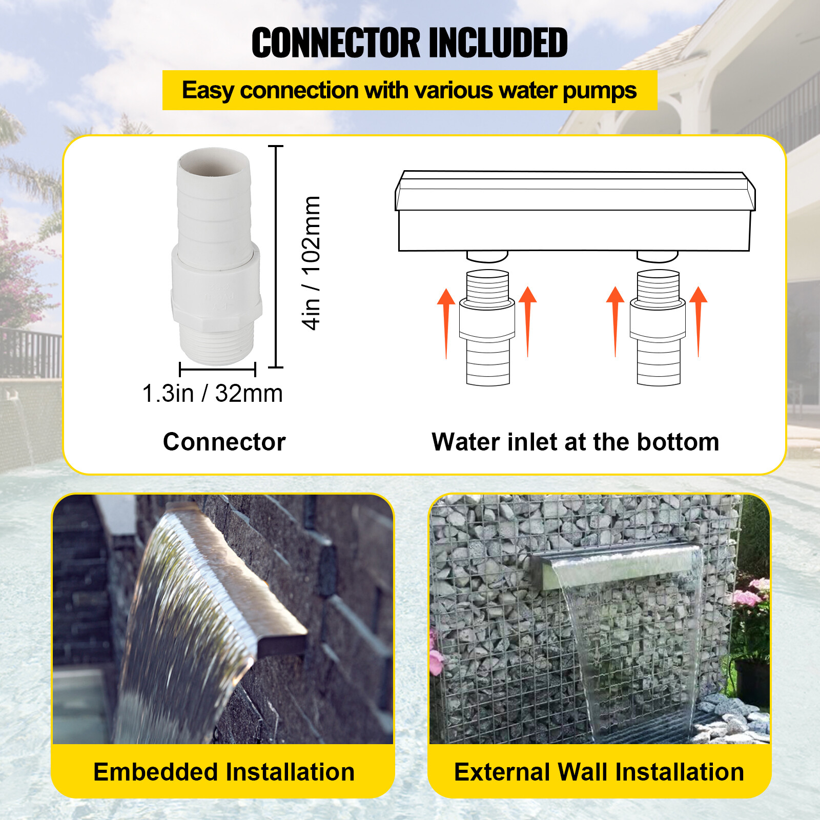 VEVOR 23.6" Pool Fountain Waterfall Spillway, Stainless Steel