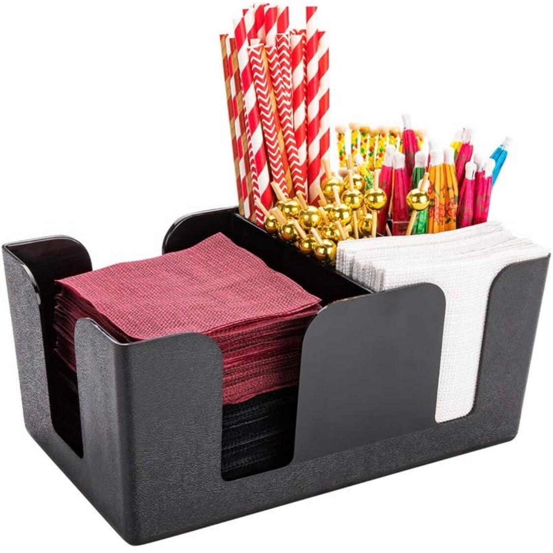 Black Plastic Bar Caddy Utensil Caddy/Holder for Napkin & Straw 6 Compartments