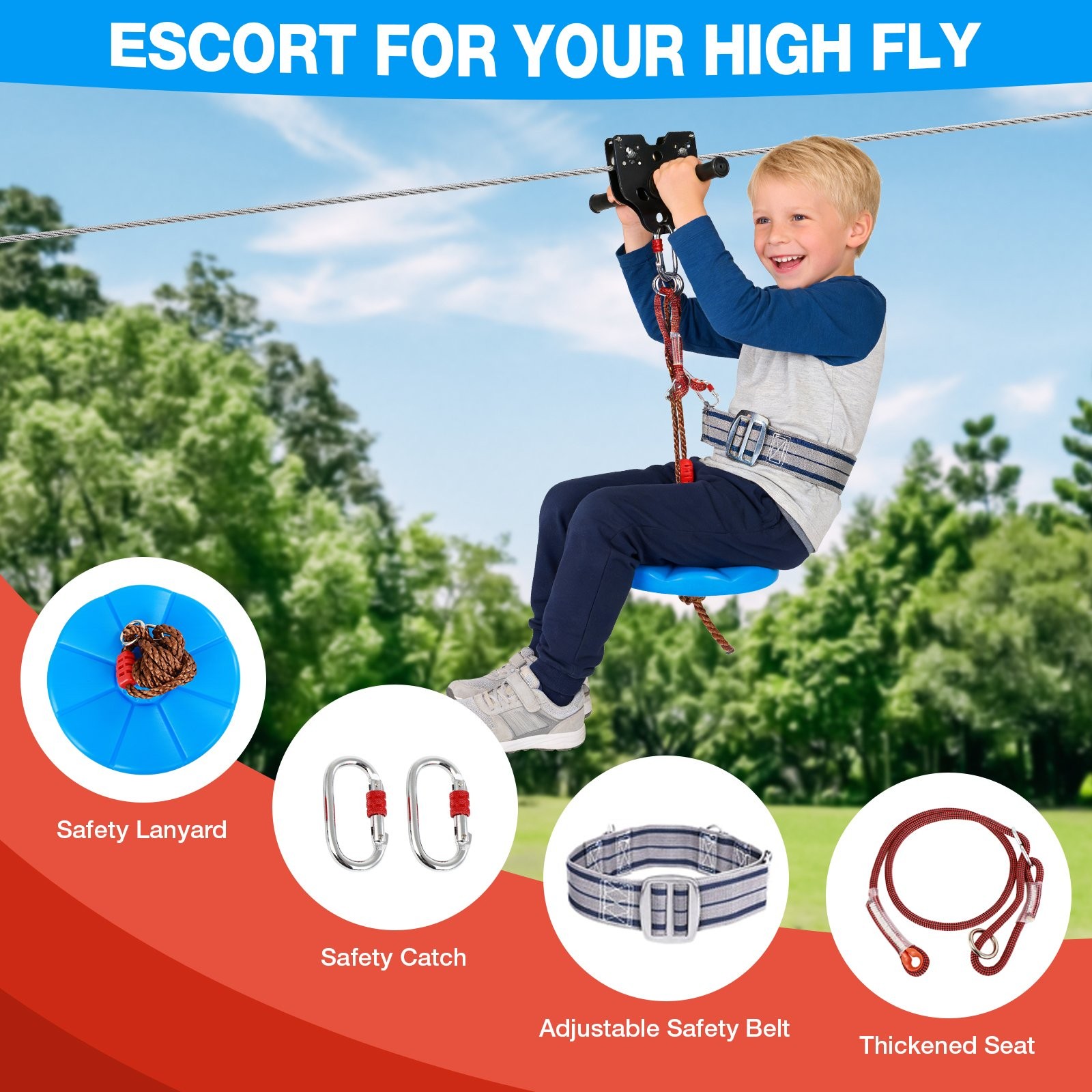 250FT Zipline for Backyard Kids - Up To 400LBS Quickly Tighten Zipline Kit