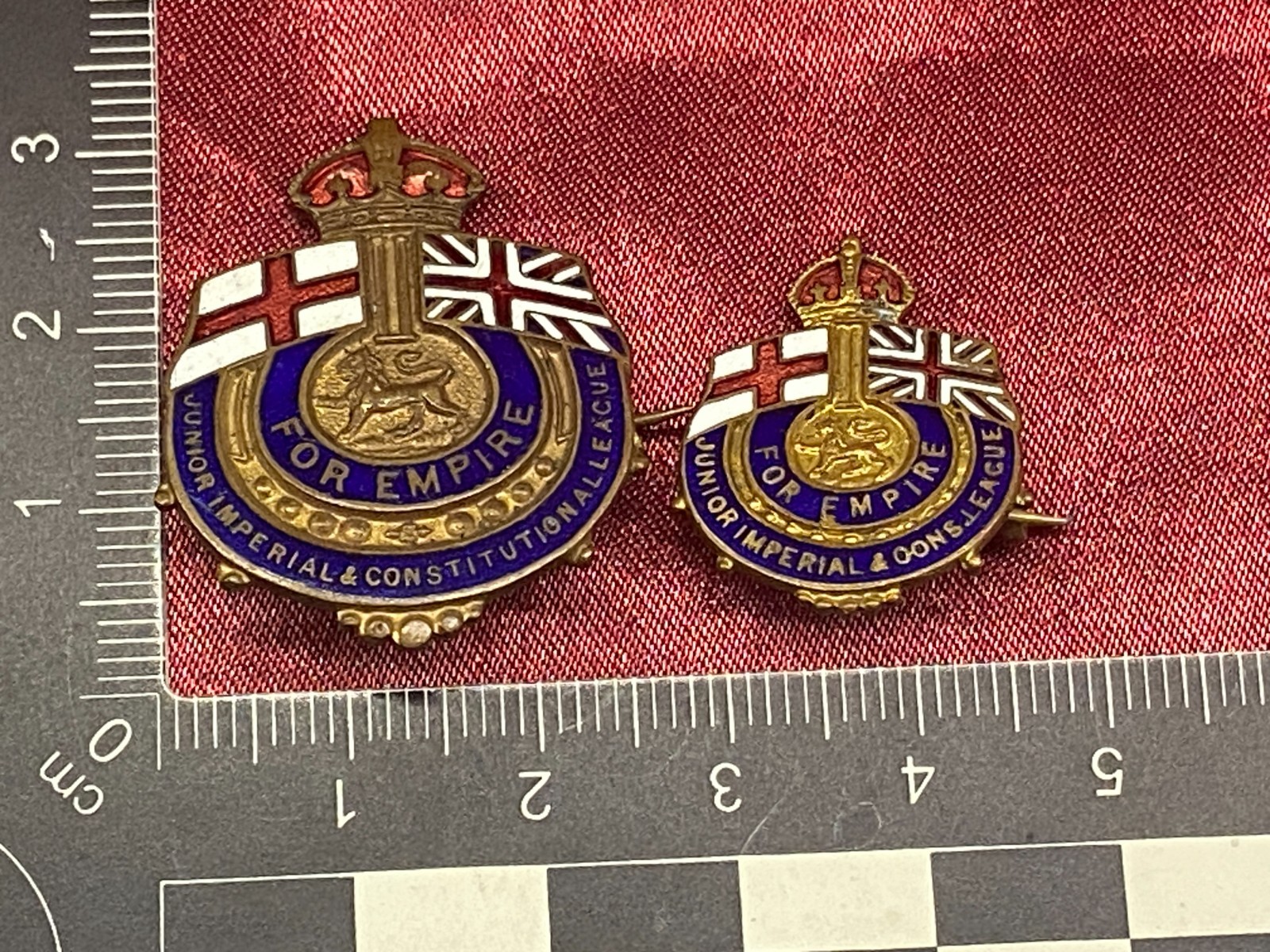 2 x Junior Imperial & Constitutional League "For Empire" Enamel Lapel Badges