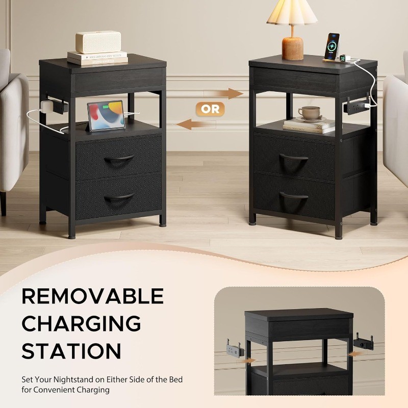 Hidden Drawer Charging Table - Night Stand with Charger Station and Sliding Top
