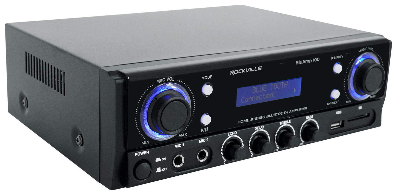 Rockville BLUAMP 100 Home Stereo Bluetooth Amplifier with USB/Mic Input+RCA Out