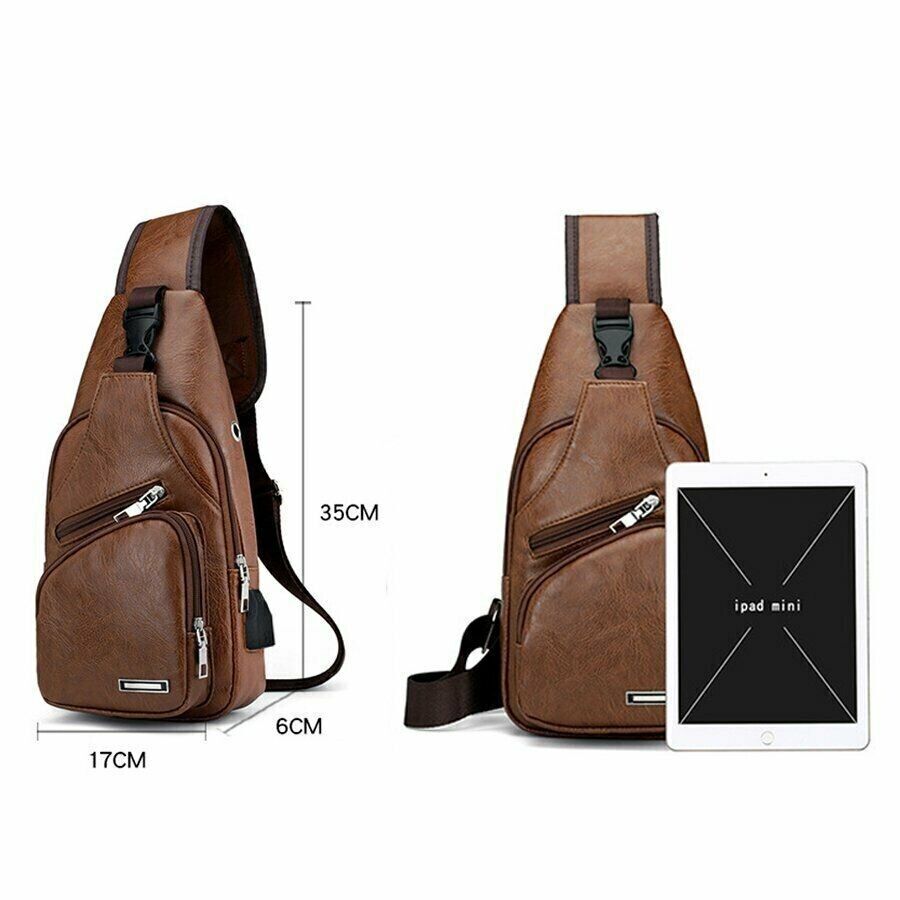 Mens Sling Backpack PU Leather Cross Body Chest Bag Fanny Packs USB Charging NEW