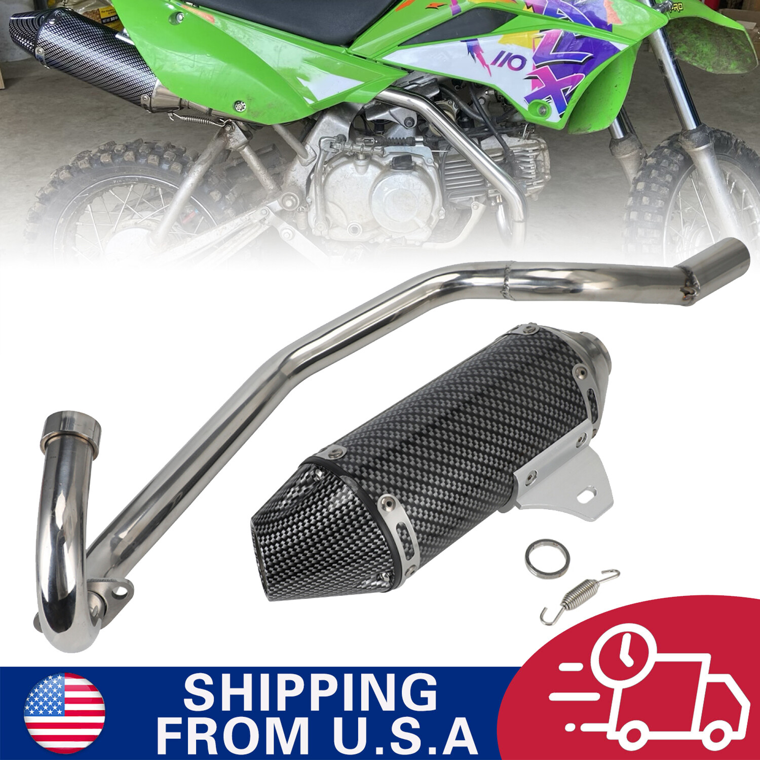 Motorcycle Full Muffler Exhaust Kit for KLX110 KLX110L 2002-2025 - Carbon Fiber