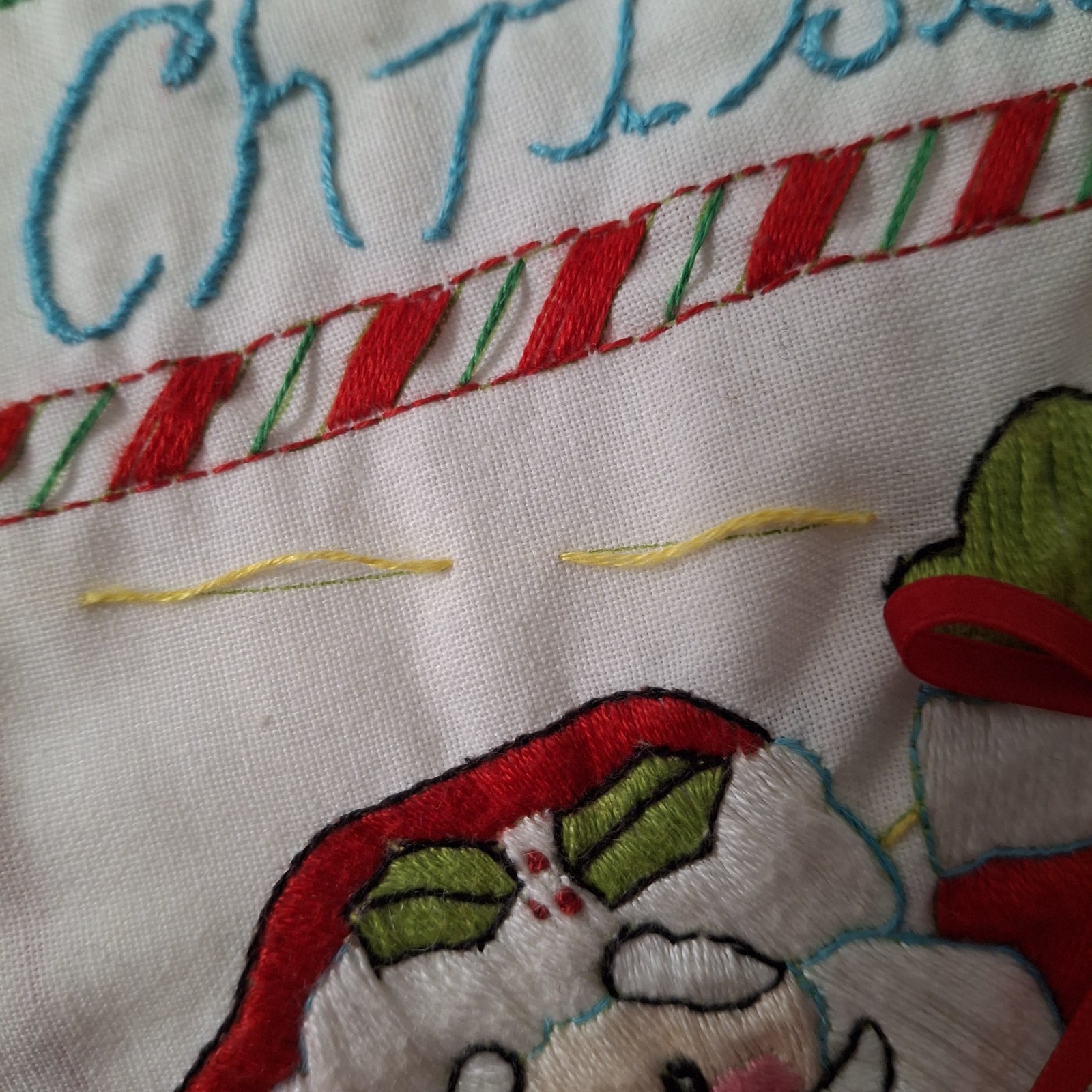 VTG 1980s Janlynn Steinmeyer Hand Embroidered Crewel Christmas Stocking Santa