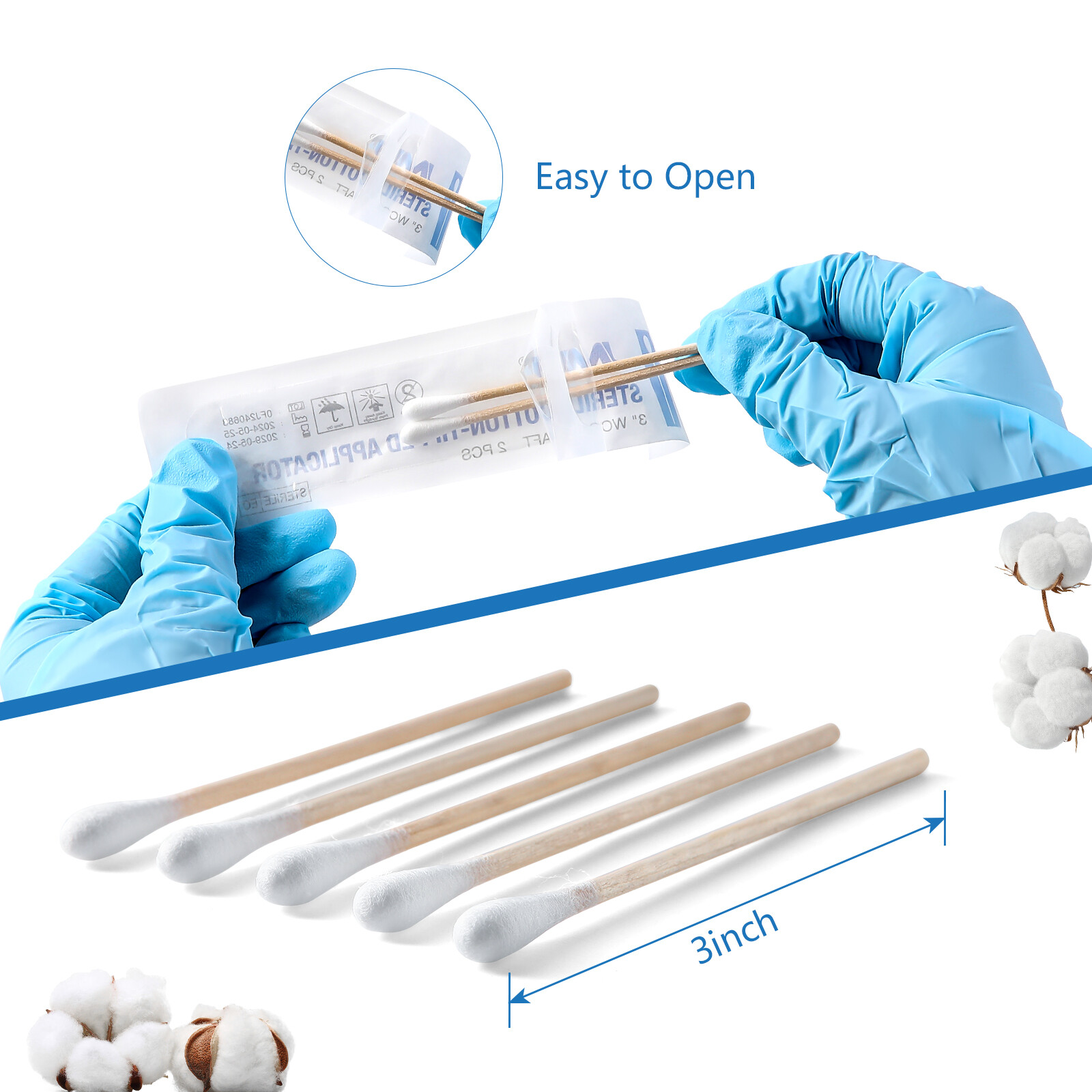 JMU 3" Sterile Cotton Swabs Q-tips Wood Handle Cleaning Applicators 200pcs/box