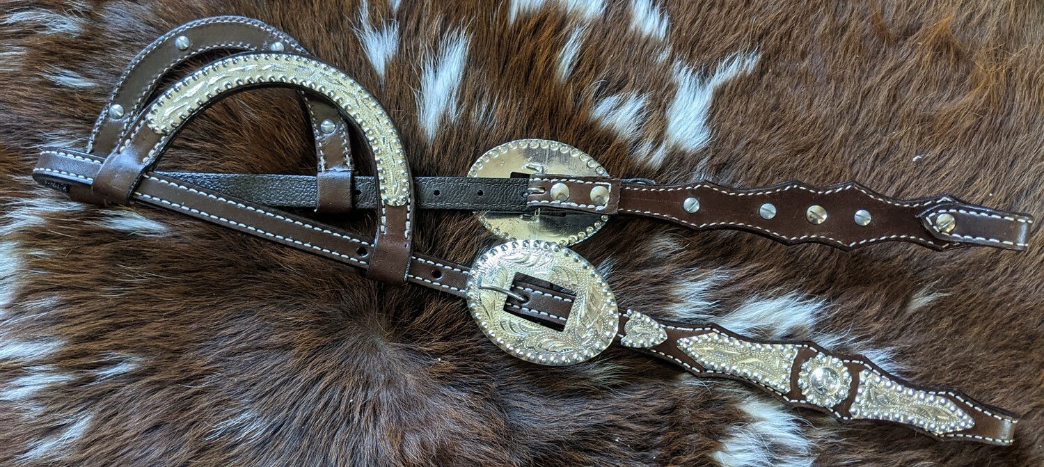 Dark Oil Show Headstall - Bridle - Double Ear -Silver Berry Edge