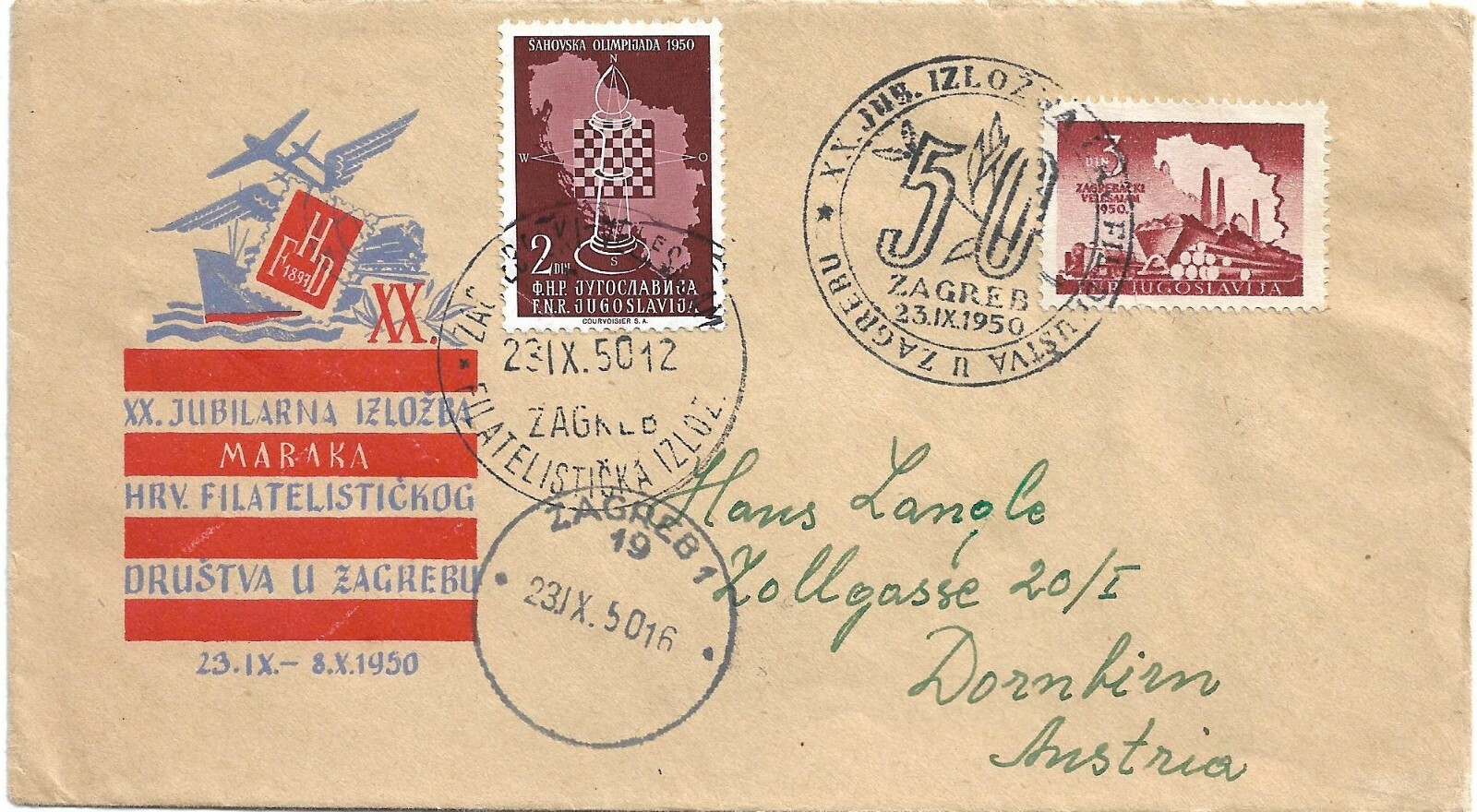 Cover 20th Jubilee Exhibition of Stamps of the Society of Zagrebu, 1950