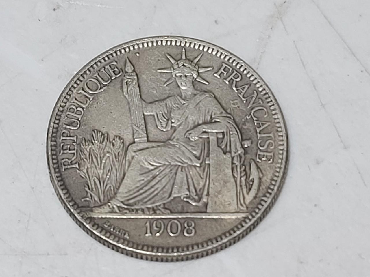 1908-A Silver 1 Piastre Commerce French Indo-China Rare Crown Thaler Sized Coin