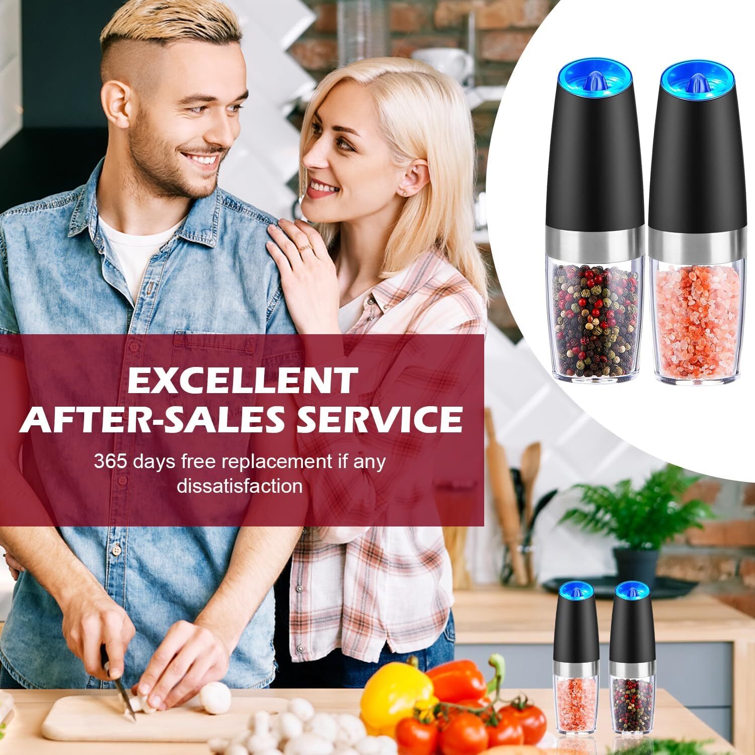2 Pack Gravity Electric Salt and Pepper Grinder Mill Shaker Adjustable Automatic