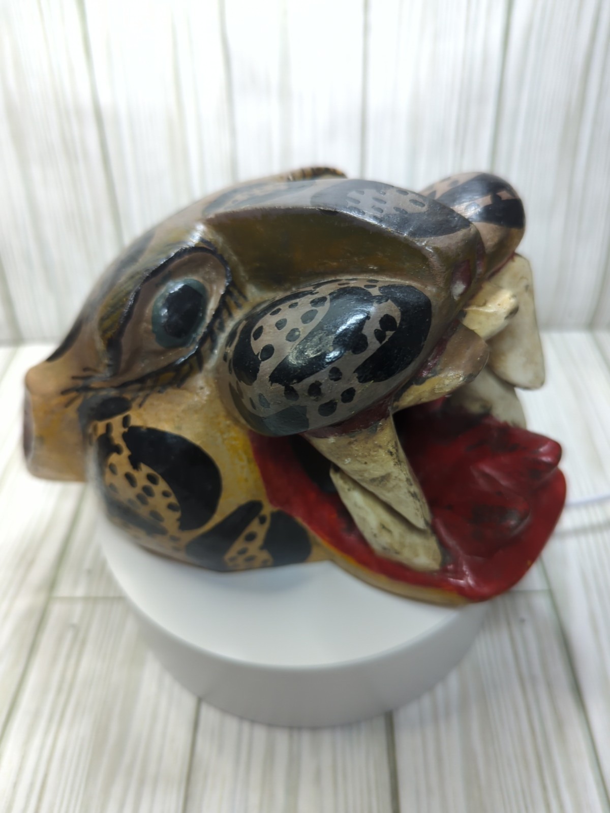 Mexican Nahua Folk Art Guerrero Carved Wood Cat Jaguar Animal Head