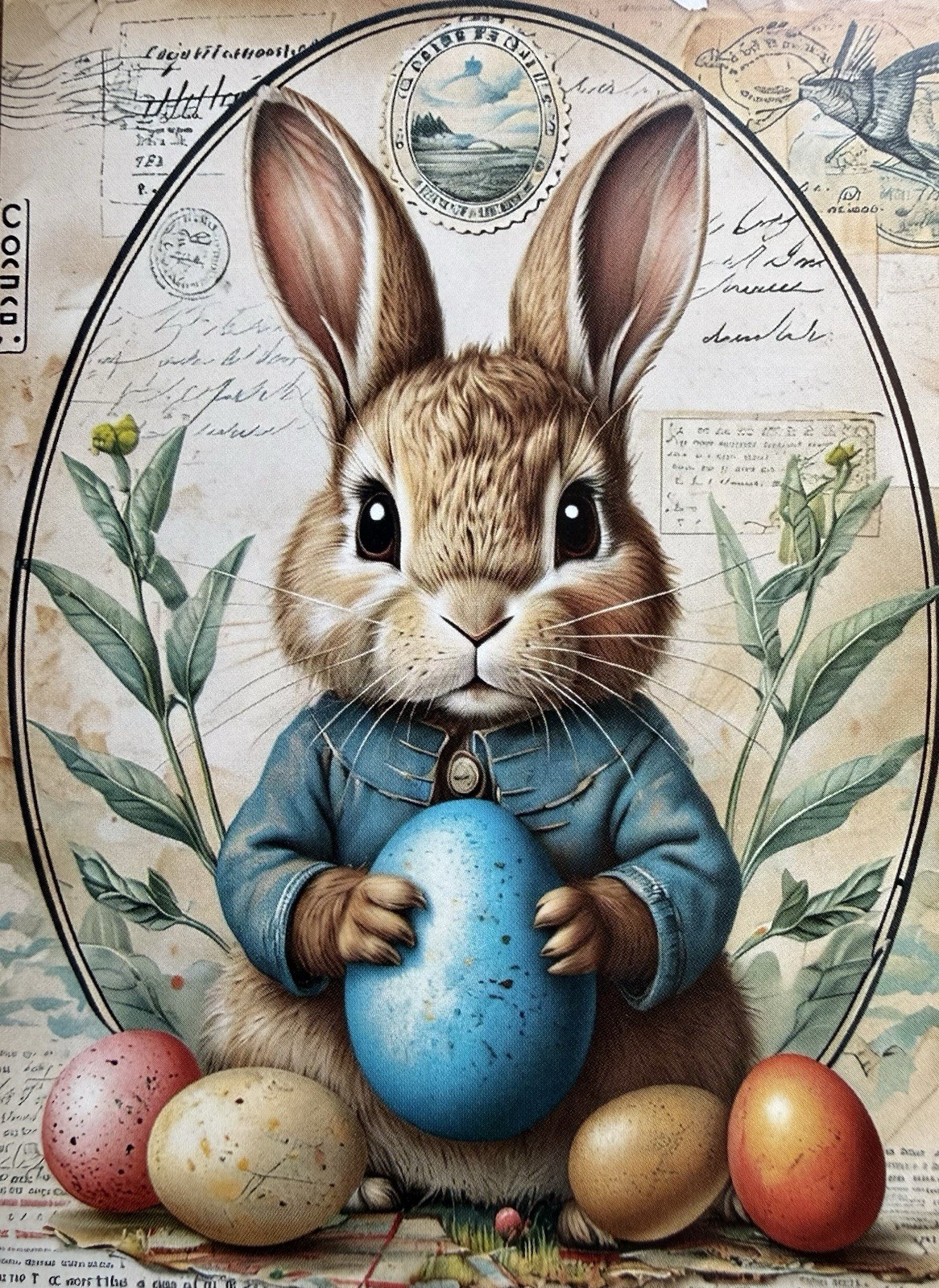 Easter Bunny Blue Coat Decorated Eggs Vintage Look Postcard Pc484 Ephemera