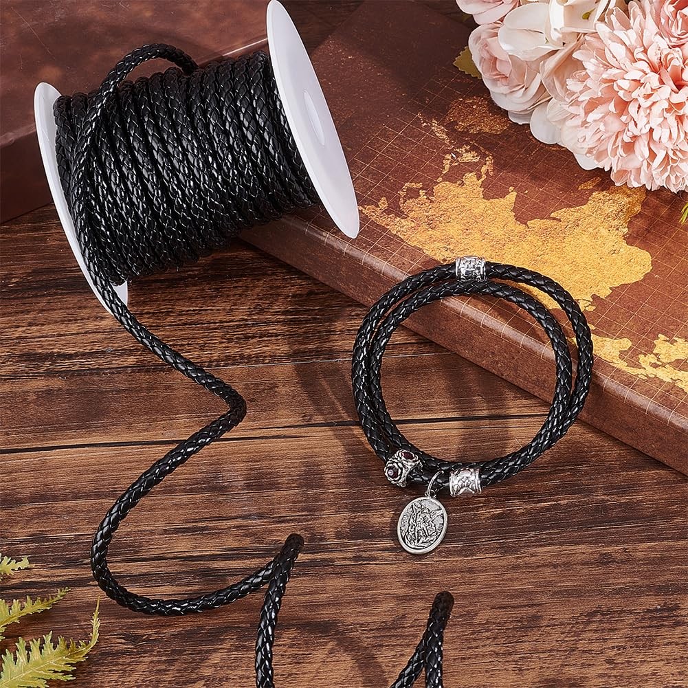 PH PandaHall 10.9 Yards Braided Leather Cord 5mm Round PU Strap Black