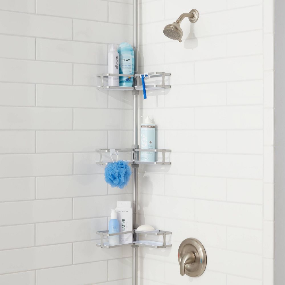 Threshold Tension Pole Aluminum Shower Caddy Bathroom Corner Shelf Organizer