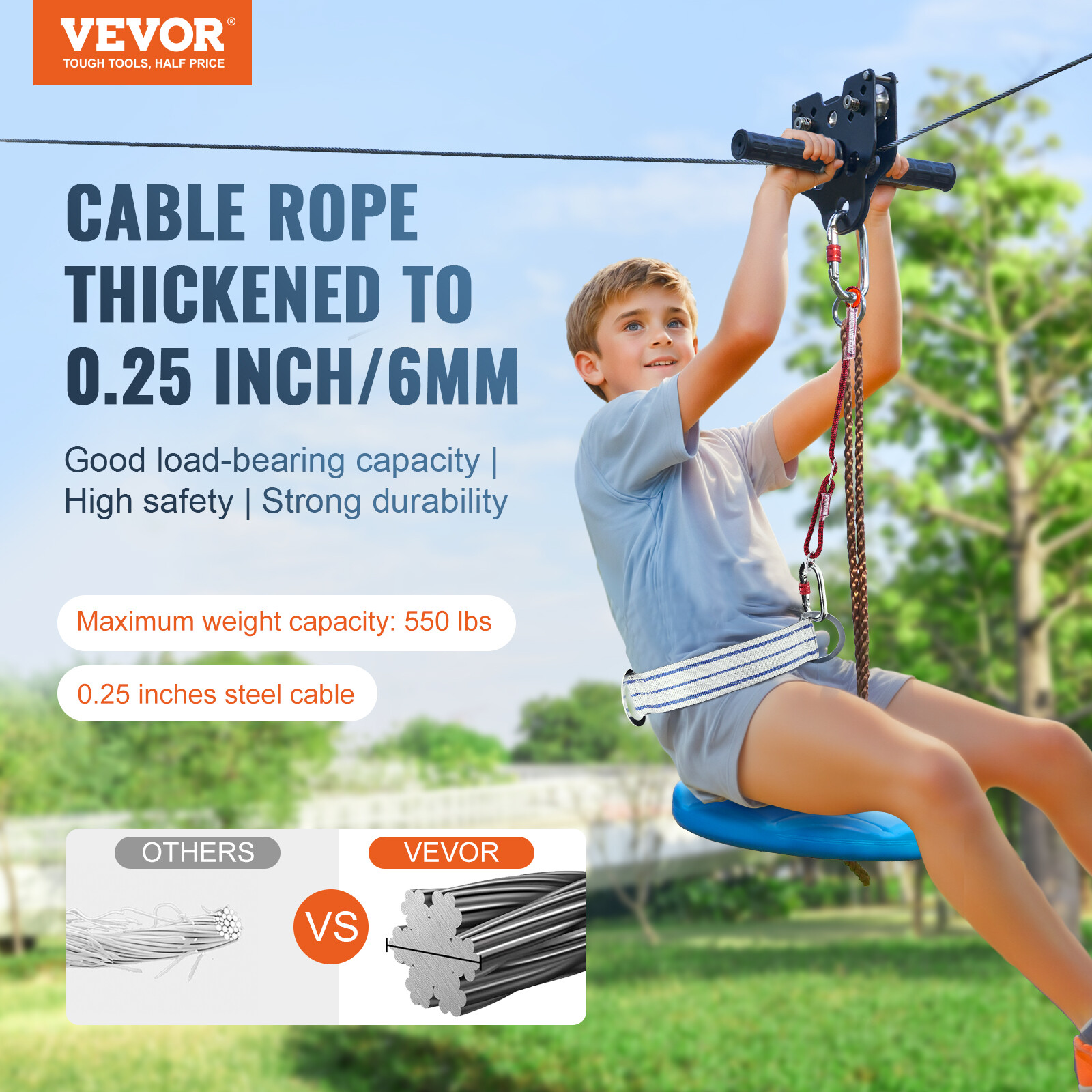 VEVOR 100 ft Zip Line Kit for Kids Adult Trolley Slackers Zipline Up to 500 lb
