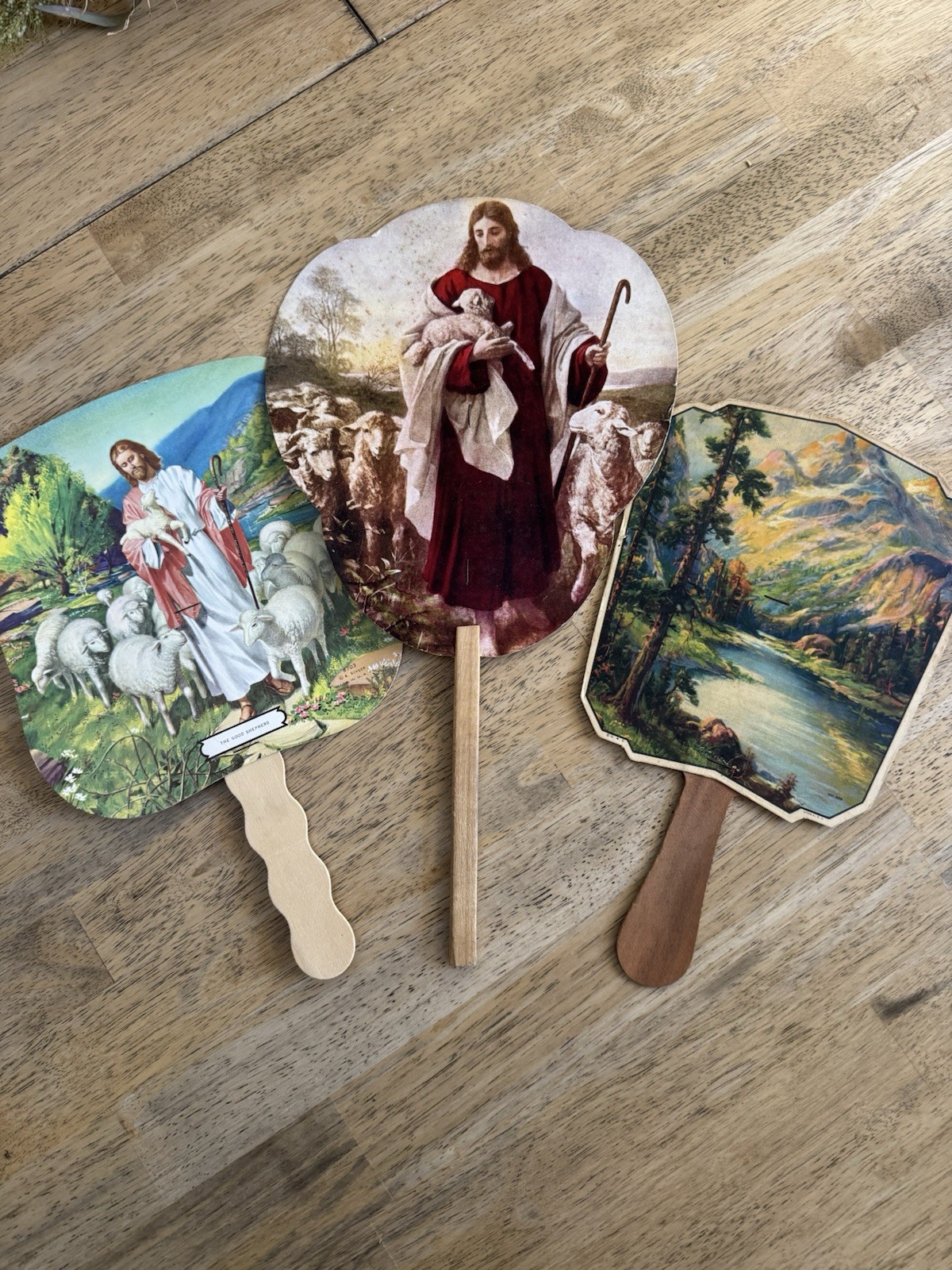 5 Vintage Hand Fans Grocery 1936 Church 1981 Jeweler VA Religious Hand Fans