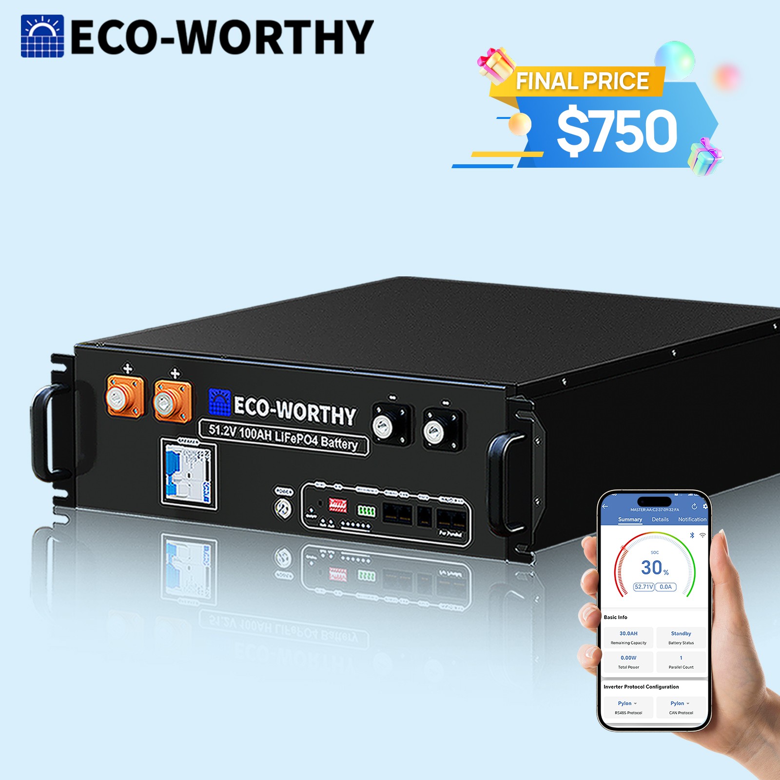 ECO-WORTHY 5.12kWh 48V 100AH Lithium Battery Server Rack UL1973&UL9540A CEC