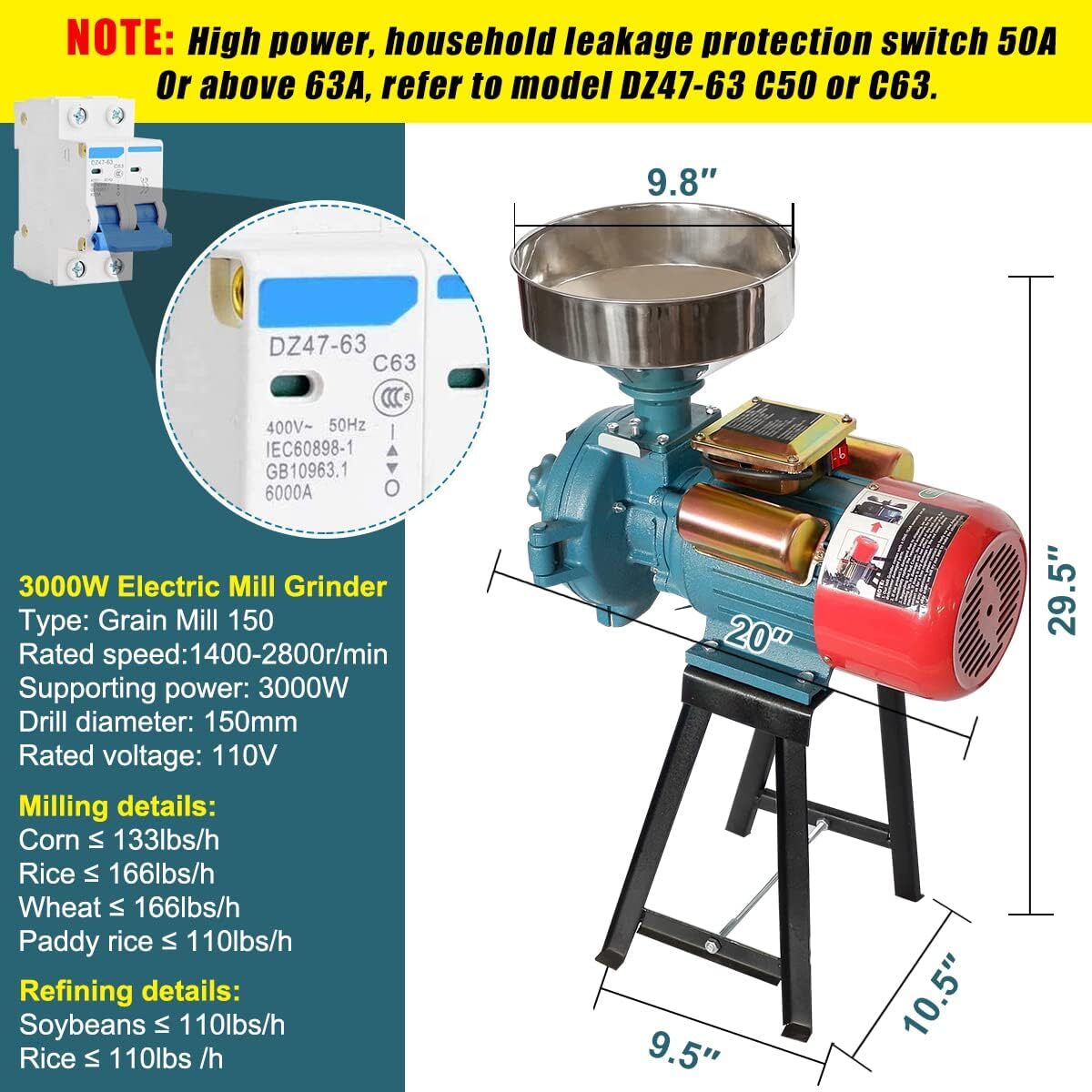 NAIZEA 3000W Electric Grain Mill Cereals Corn Grain Coffee Wheat Feed Machine