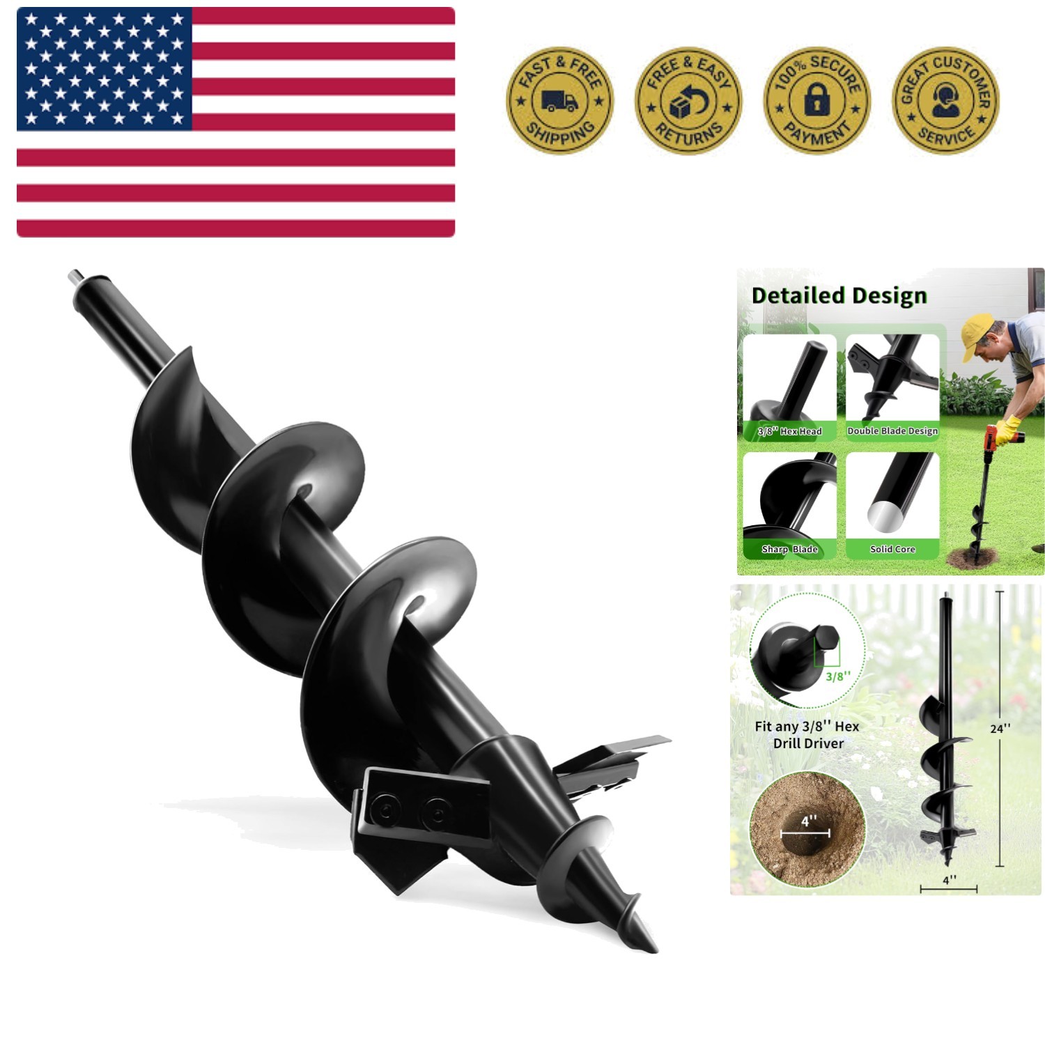 4"x24" Auger Drill Bit for Planting,Designed for Hard&Rocky Soil,Heavy-Duty P...