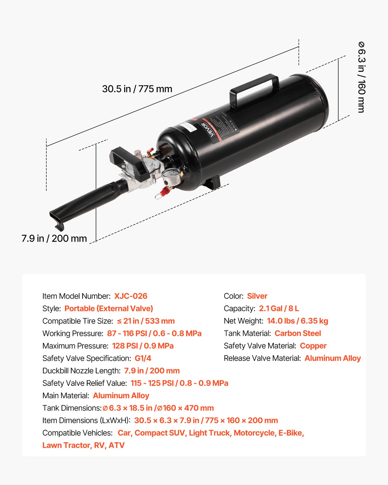 VEVOR Portable Tire Bead Seater 2.1 Gal / 8 L Handheld Air Bead Blaster Tool