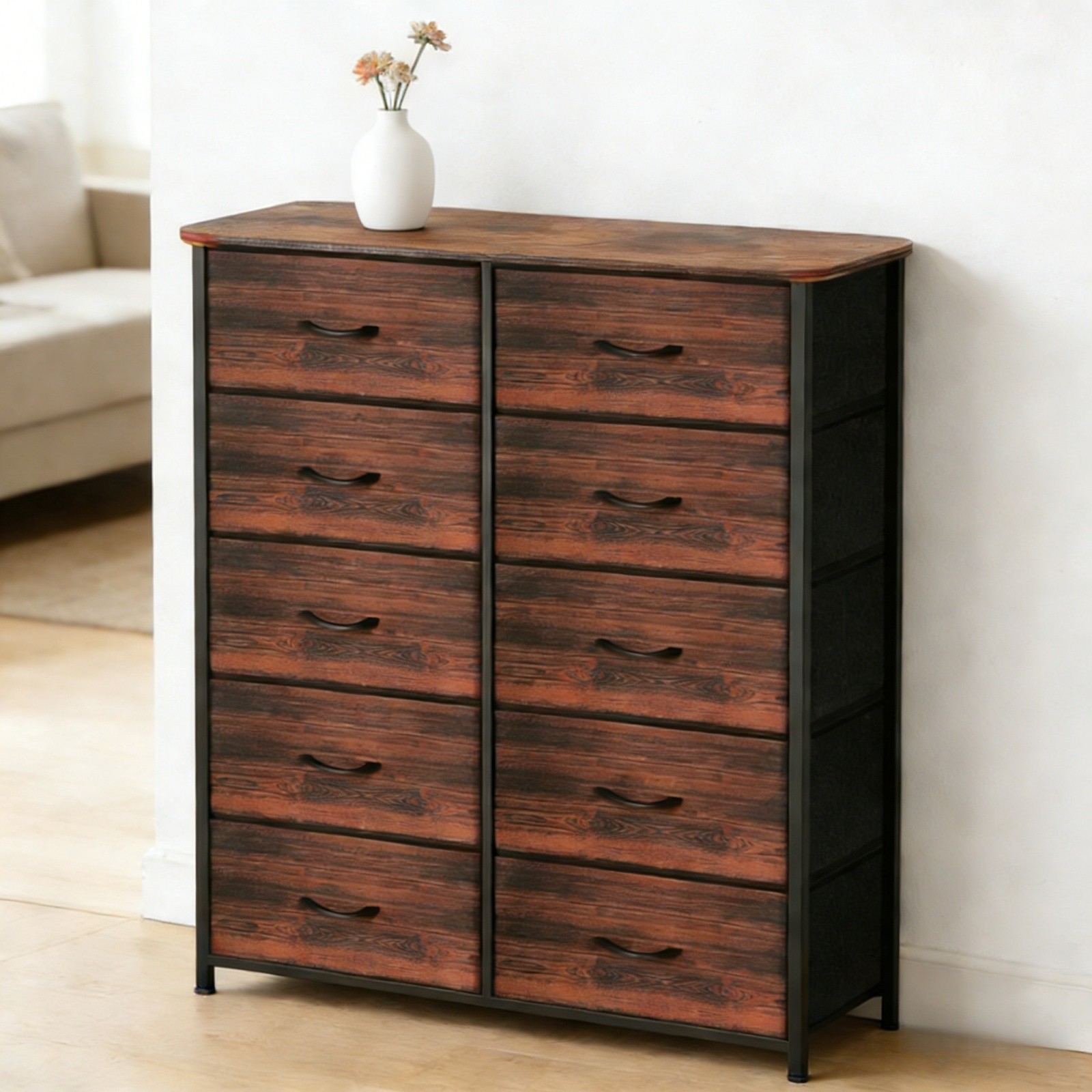 Dresser for Living Room with 10 Storage Drawers Organizer Unit Brown Curved