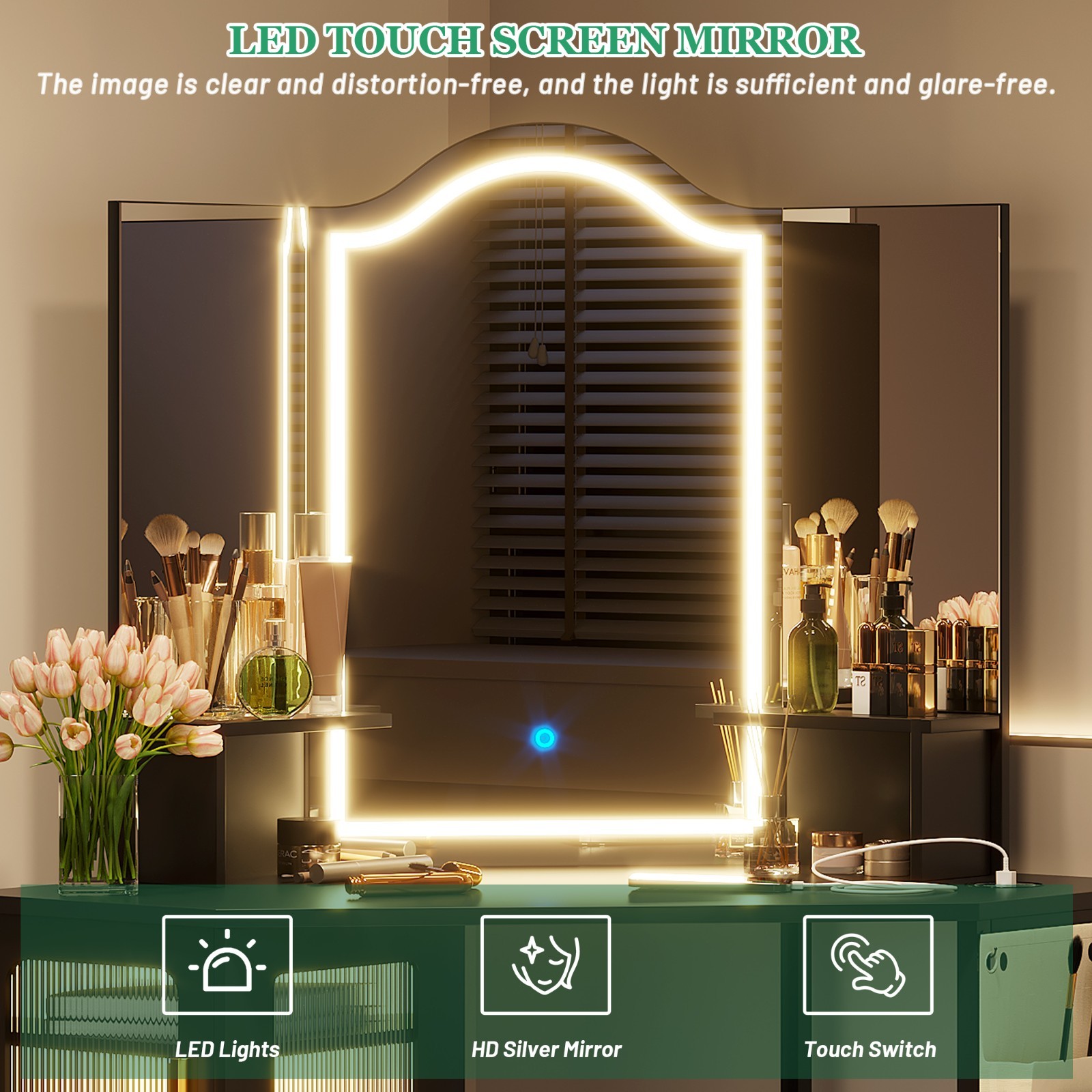 Corner Vanity Desk with Mirror and Lights, Makeup Vanity with Charging Station