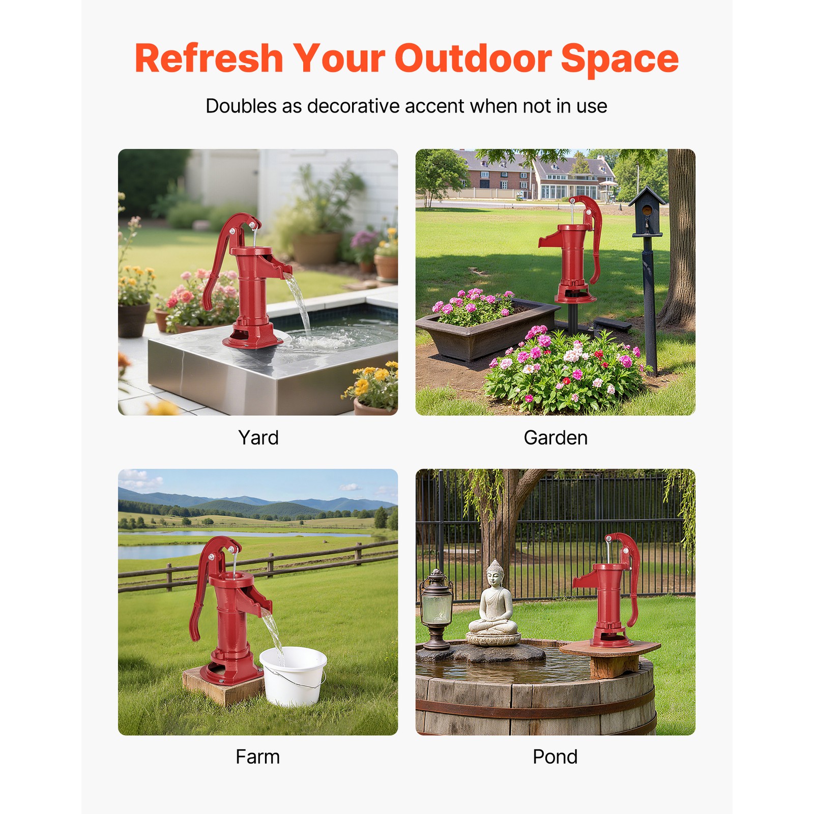 Uimoso Antique Cast Iron Manual Water Pump, 25ft Lift, Red Design