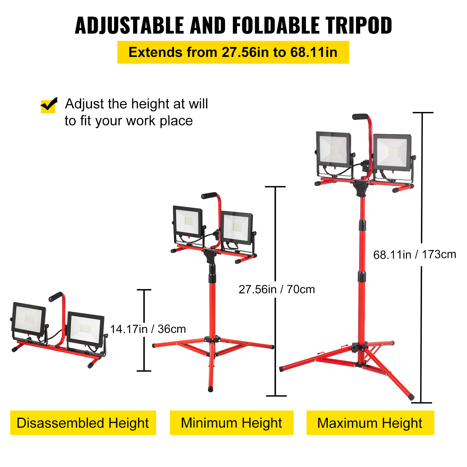 VEVOR Dual-head Led Work Light 5000 Lumen Led Work Light with Tripod 27.6-68.1"