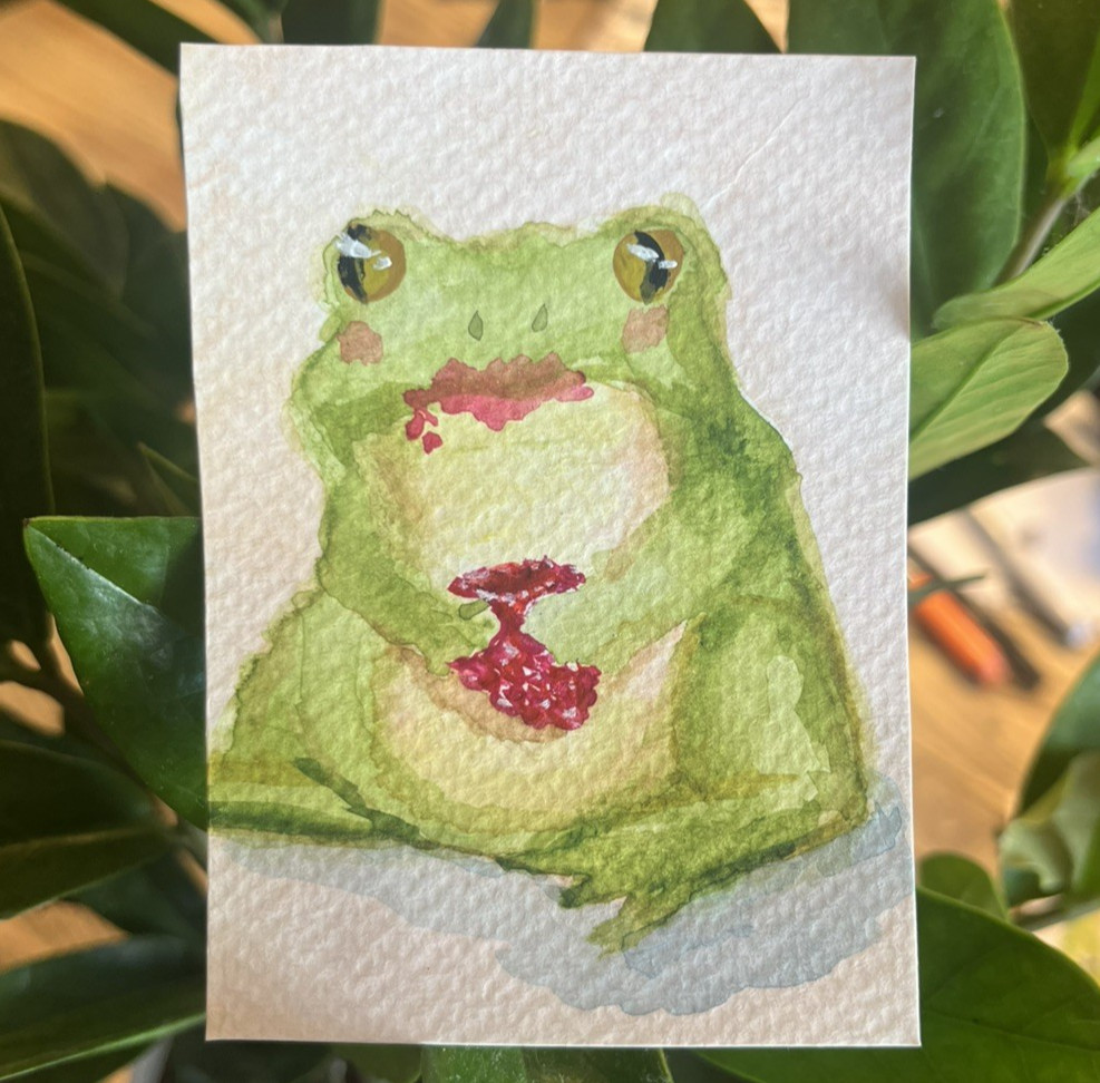 ACEO PRINT Raspberry Fruit Frog sneaks a bite  Watercolor Painting 3.5x2.5