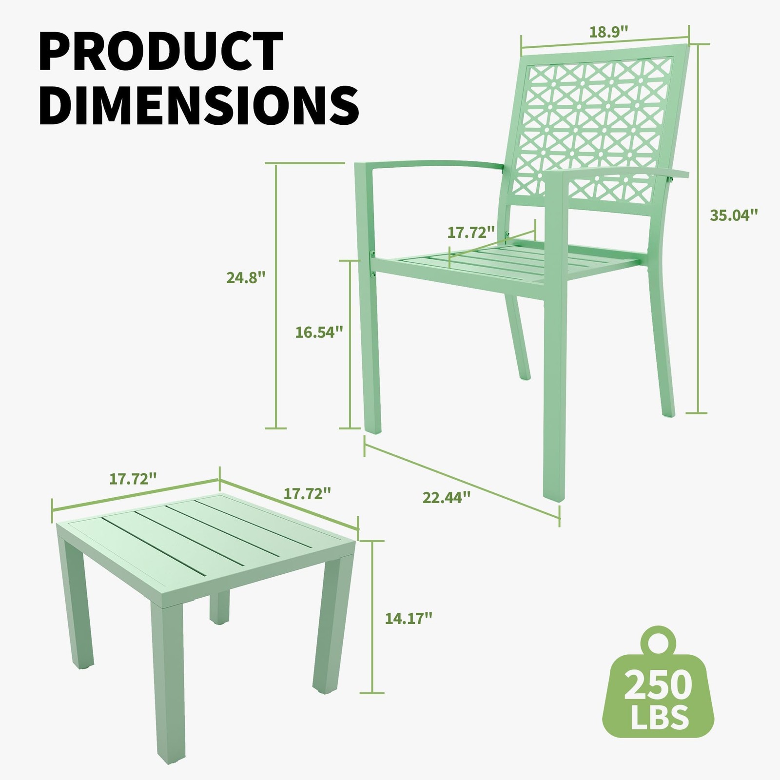 3-Piece Outdoor Bistro Set Stackable Patio Chairs Square Table Metal Light Green