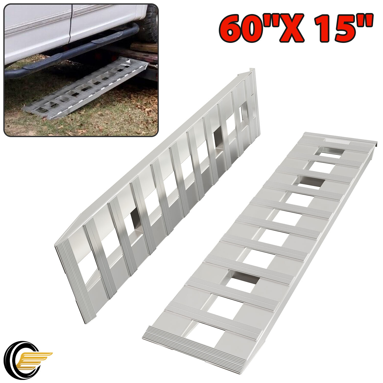 Pair For 60''X15" Aluminum Ramps 6800 LBS Truck Car Auto Trailer Ramps Hook End