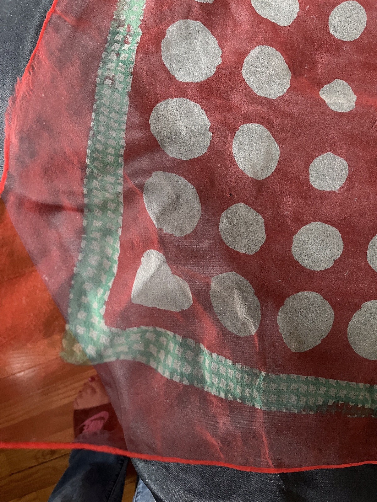 Vtg Sheer Chiffon Nylon SCARF Red Green White Polka Dots Scarf MCM 26” Sq