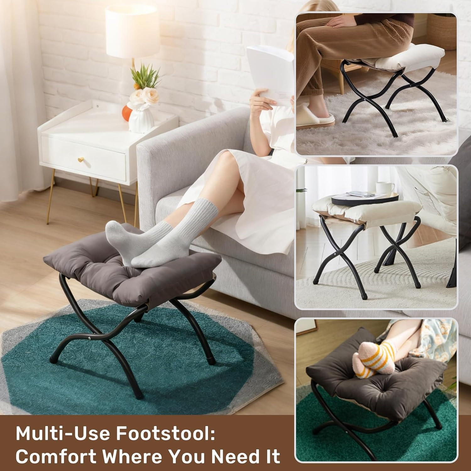 15"(H) Folding Footrest Stool, Upholstered Small Foldable Ottoman, Accent